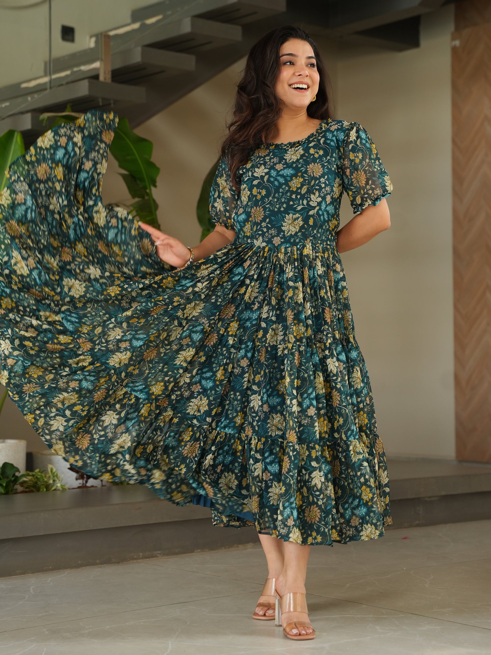Captivating Green Floral Printed Georgette Casual Wear Dress