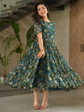 Captivating Green Floral Printed Georgette Casual Wear Dress