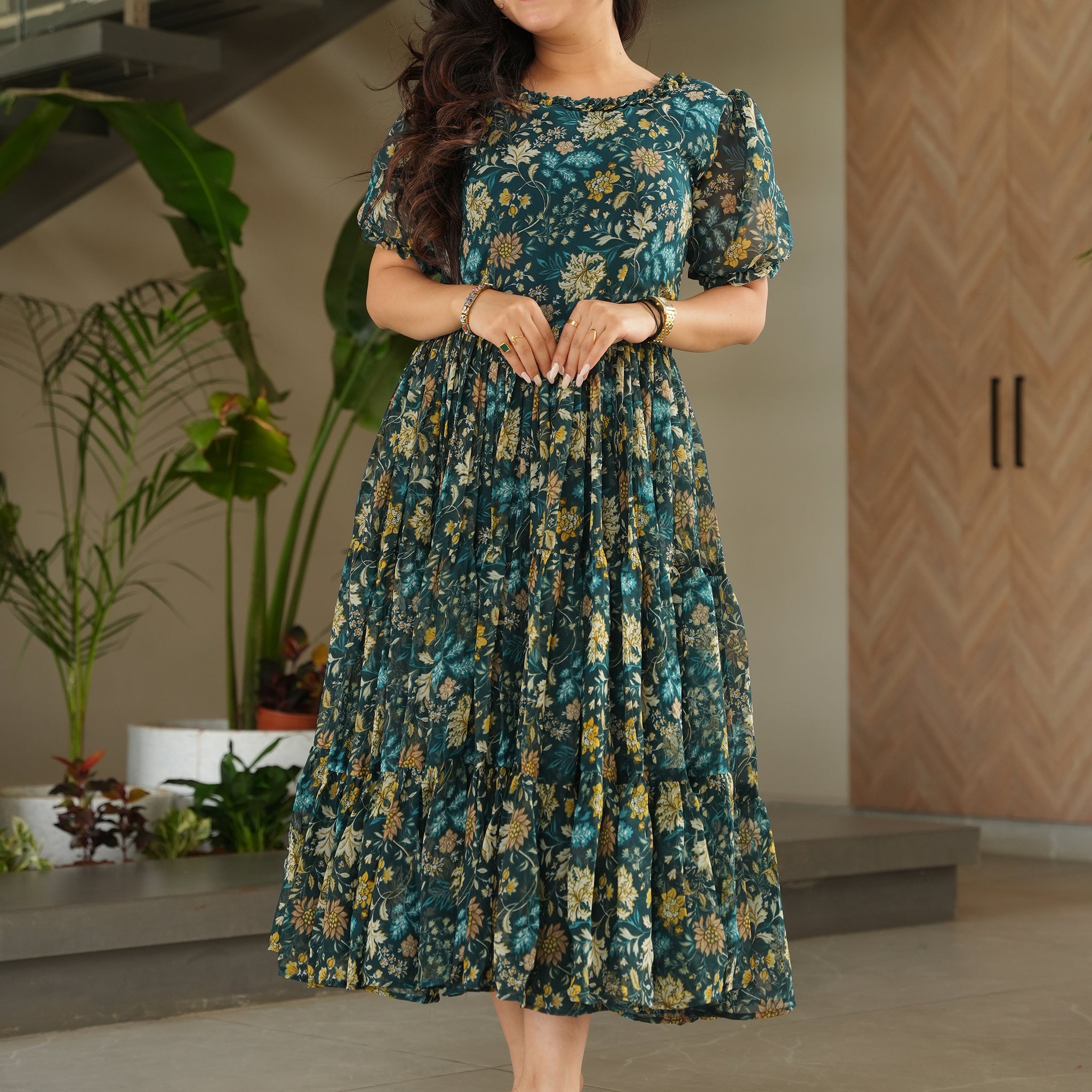 Captivating Green Floral Printed Georgette Casual Wear Dress