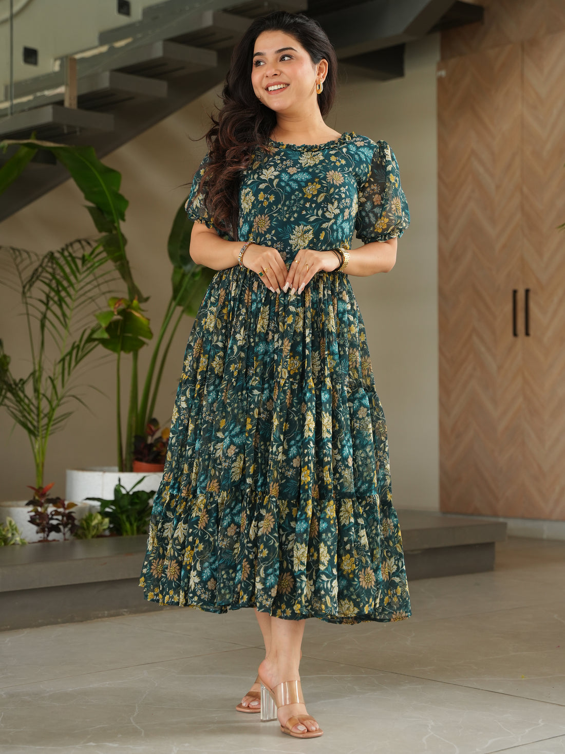 Captivating Green Floral Printed Georgette Casual Wear Dress
