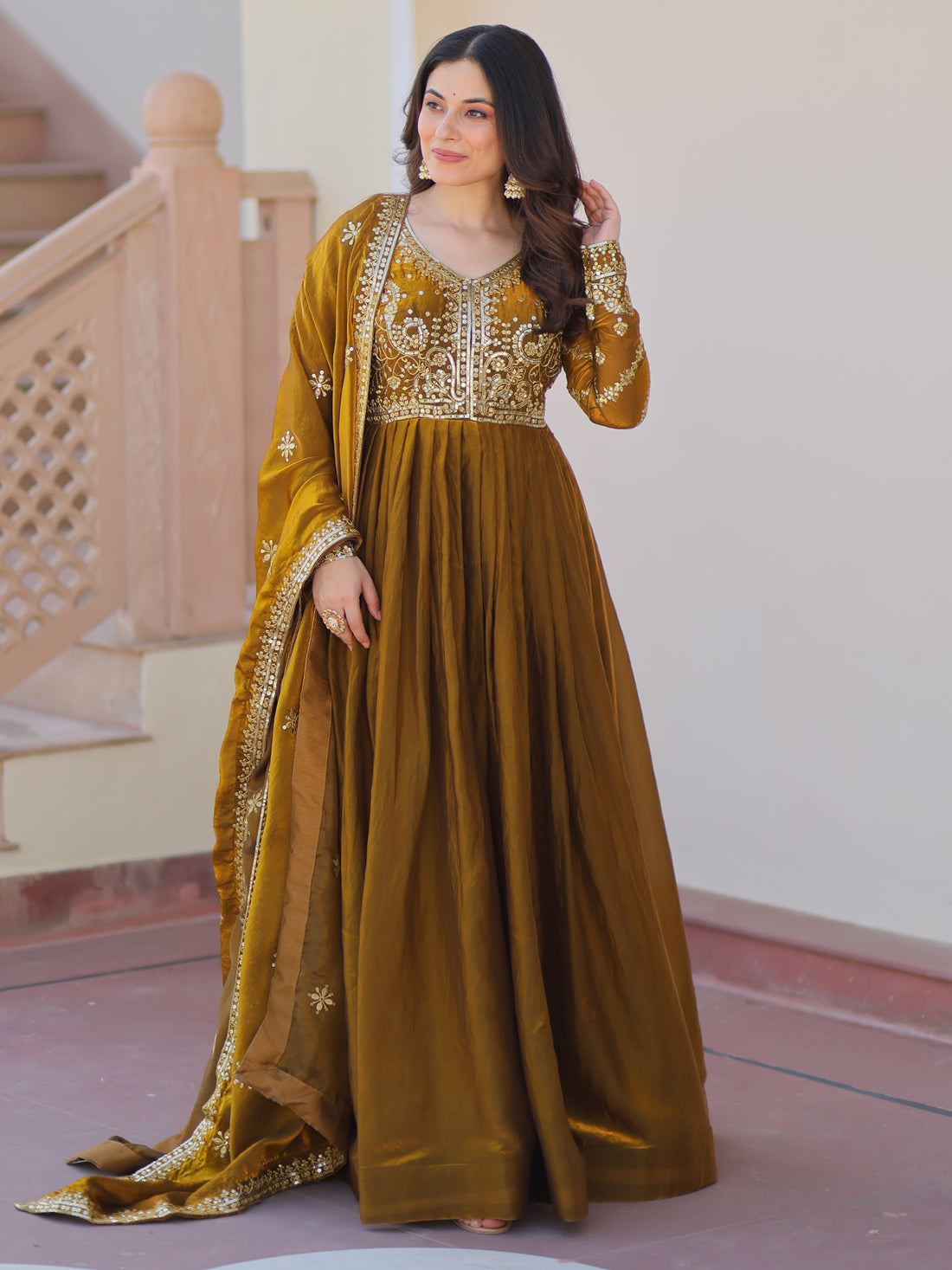 Special Olive Green Sequins Organza Mehendi Wear Gown With Dupatta
