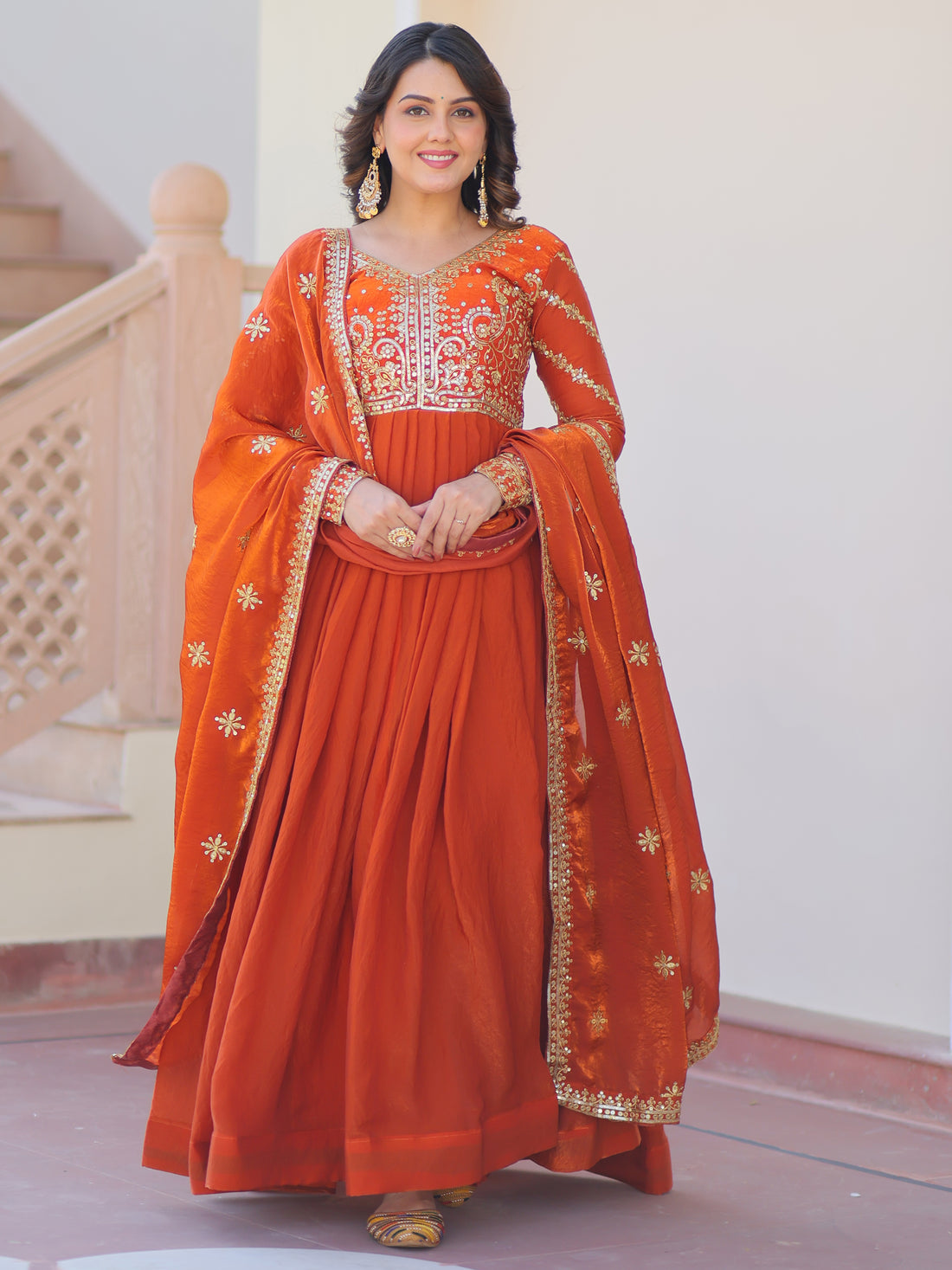 Amazing Orange Sequins Organza Engagement Wear Gown With Dupatta