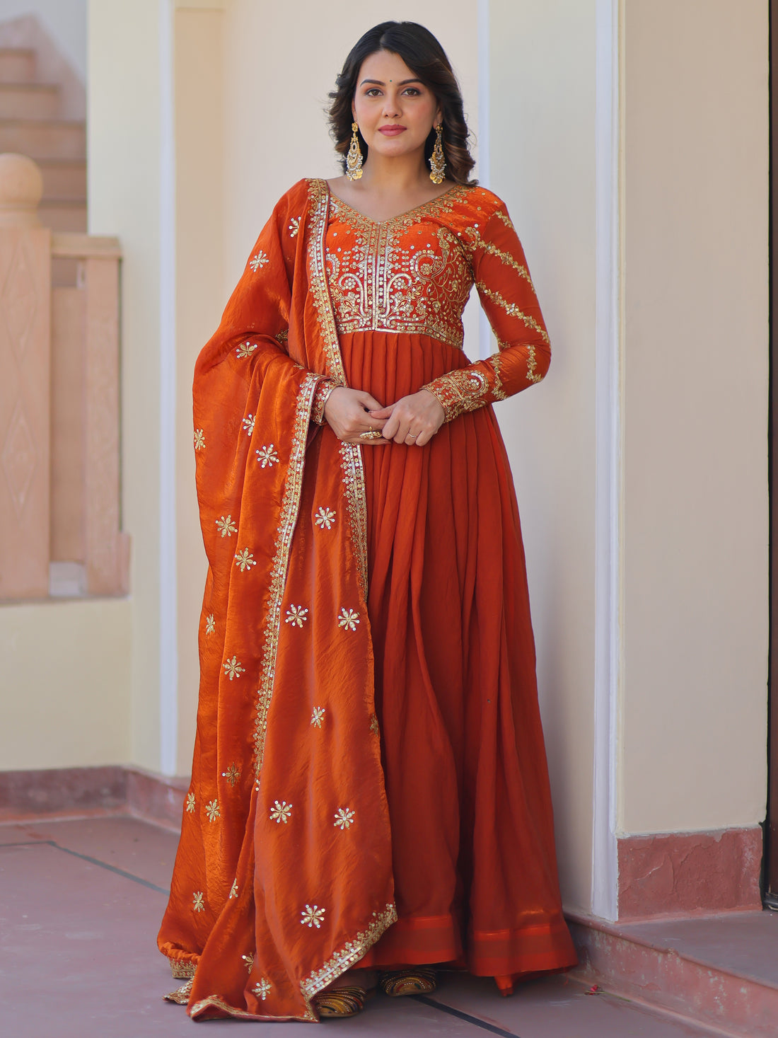 Amazing Orange Sequins Organza Engagement Wear Gown With Dupatta
