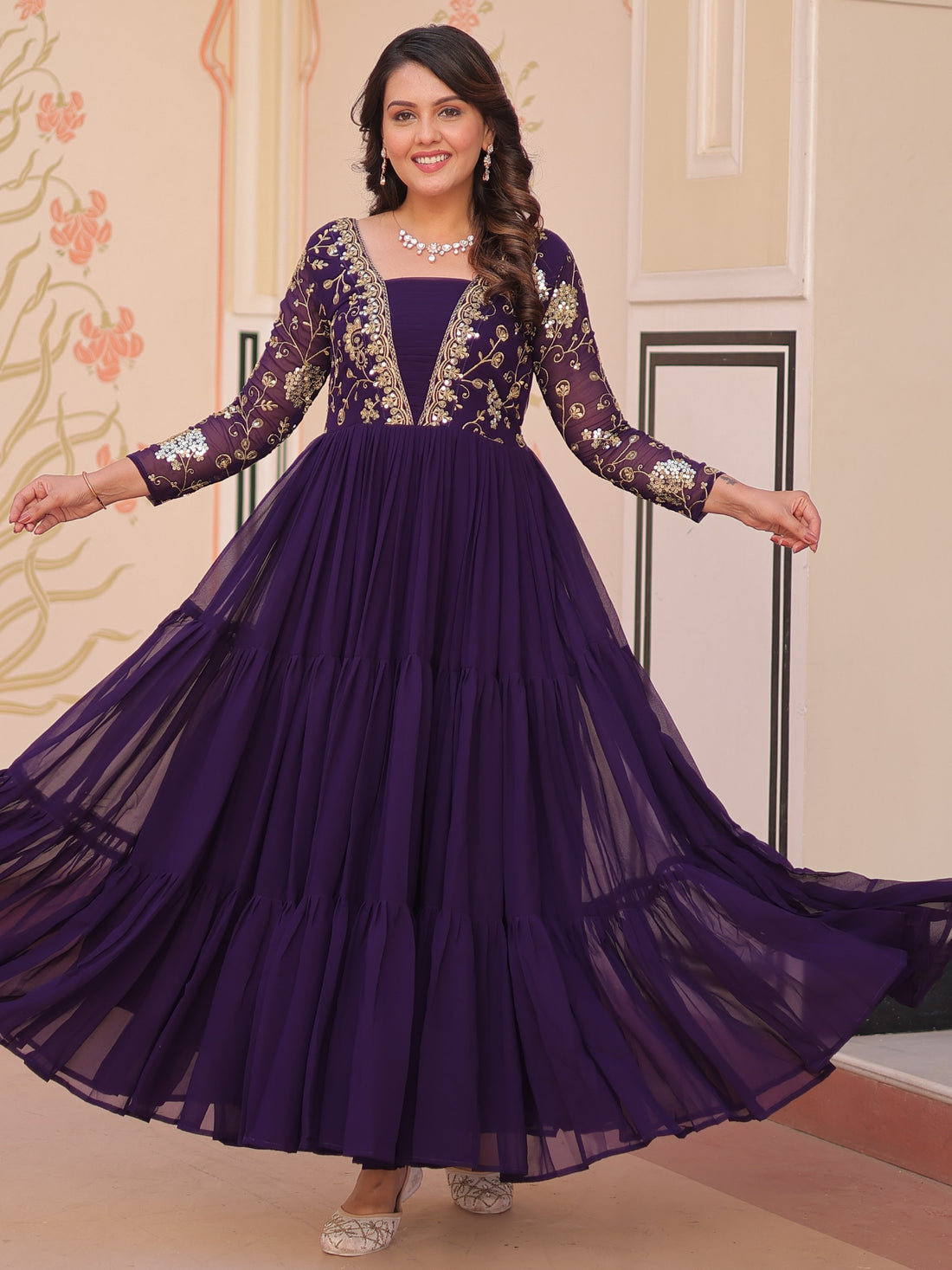 Adoring Purple Zari Embroidery Georgette Function Wear Gown
