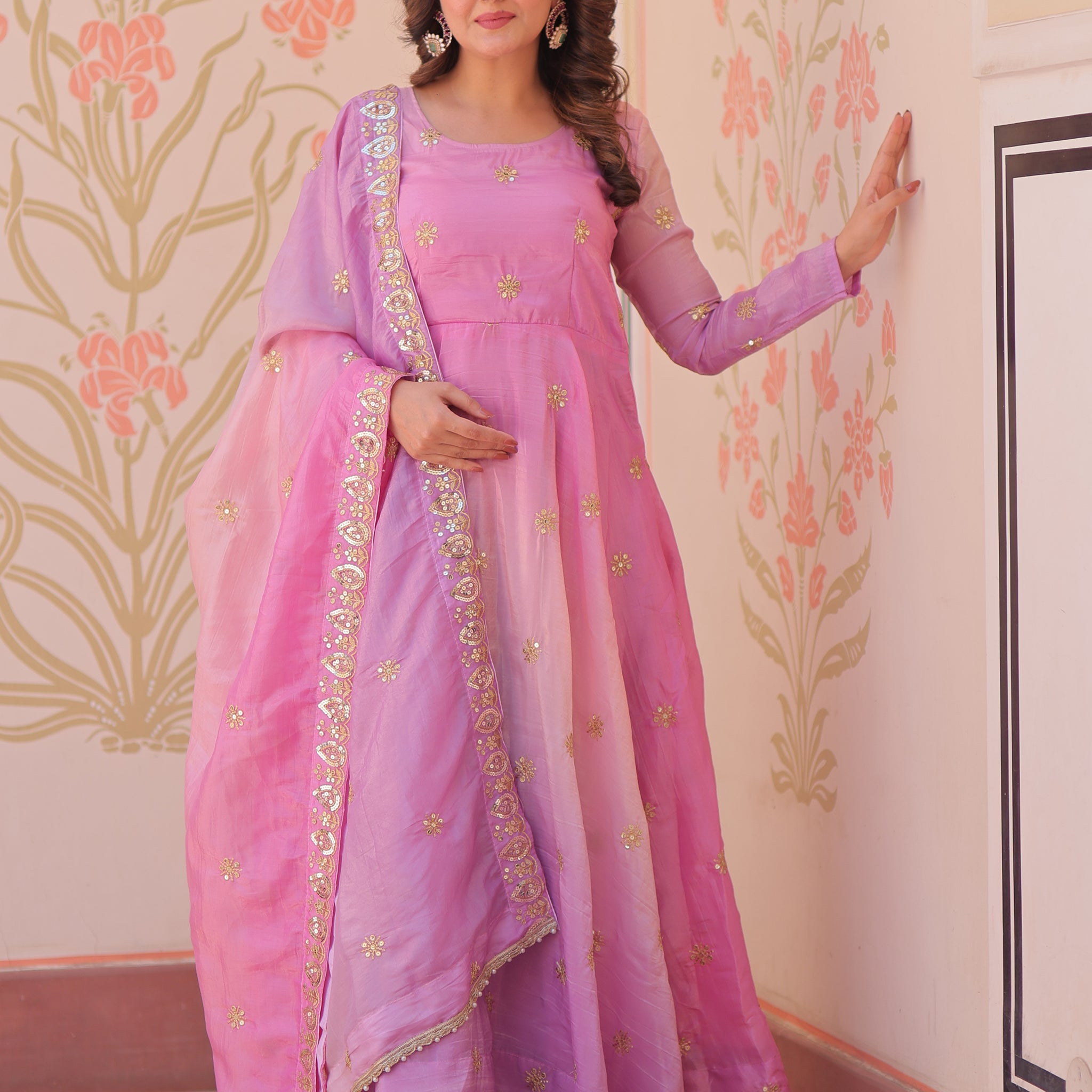 Beautiful Pink Organza Festive Wear Sequins Gown With Dupatta