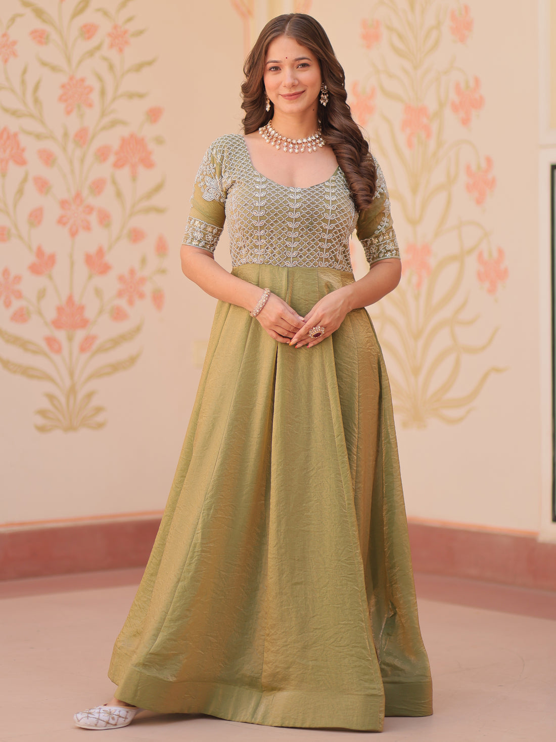 Charming Pista Green Beads Work Organza Event Wear Gown