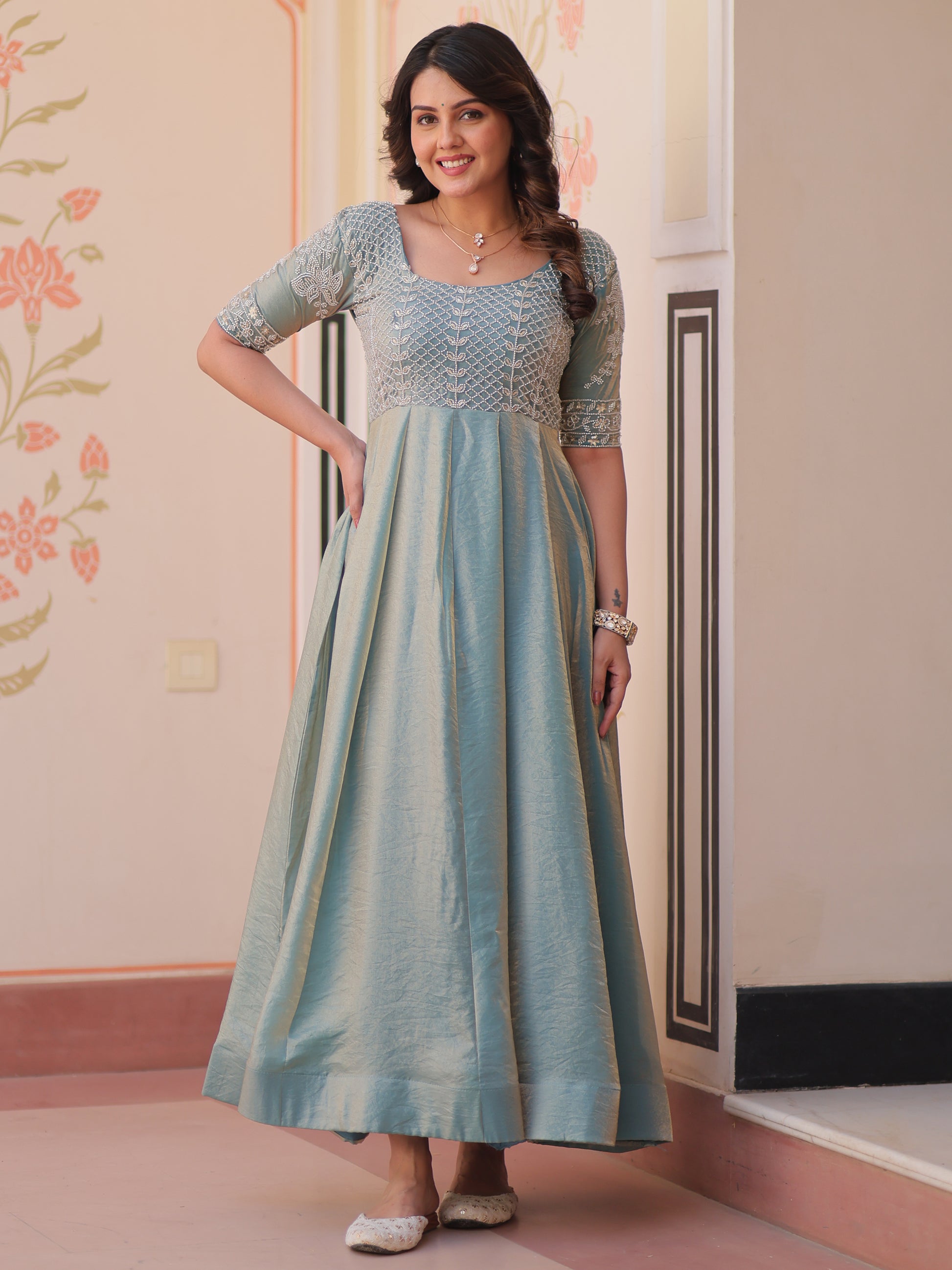 Lovable Sky-Blue Beads Work Organza Festival Wear Gown