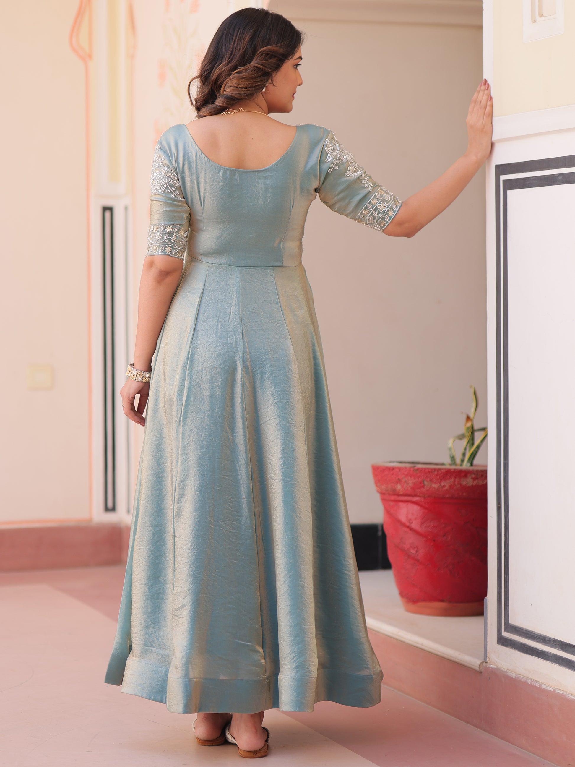 Lovable Sky-Blue Beads Work Organza Festival Wear Gown