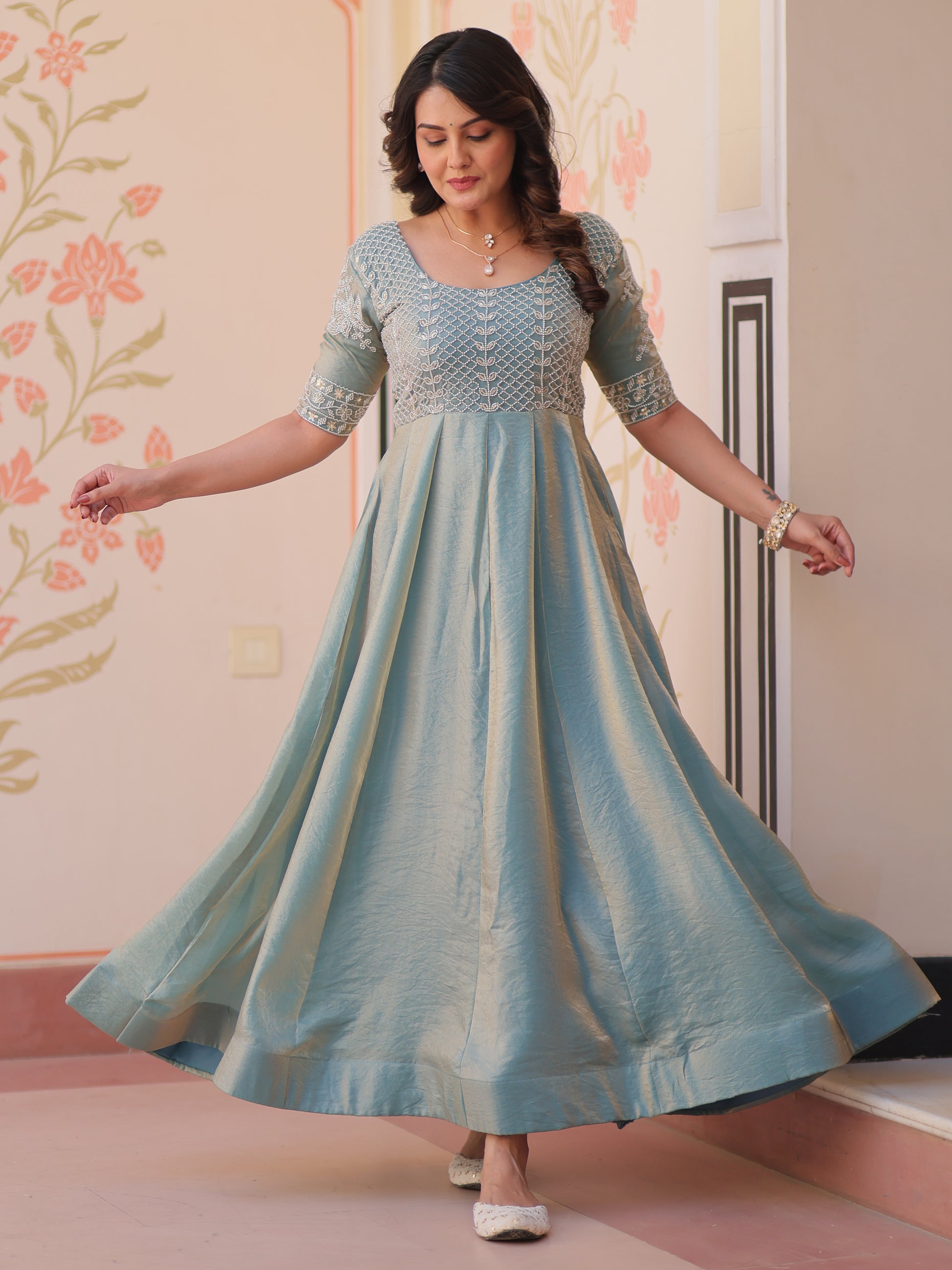 Lovable Sky-Blue Beads Work Organza Festival Wear Gown