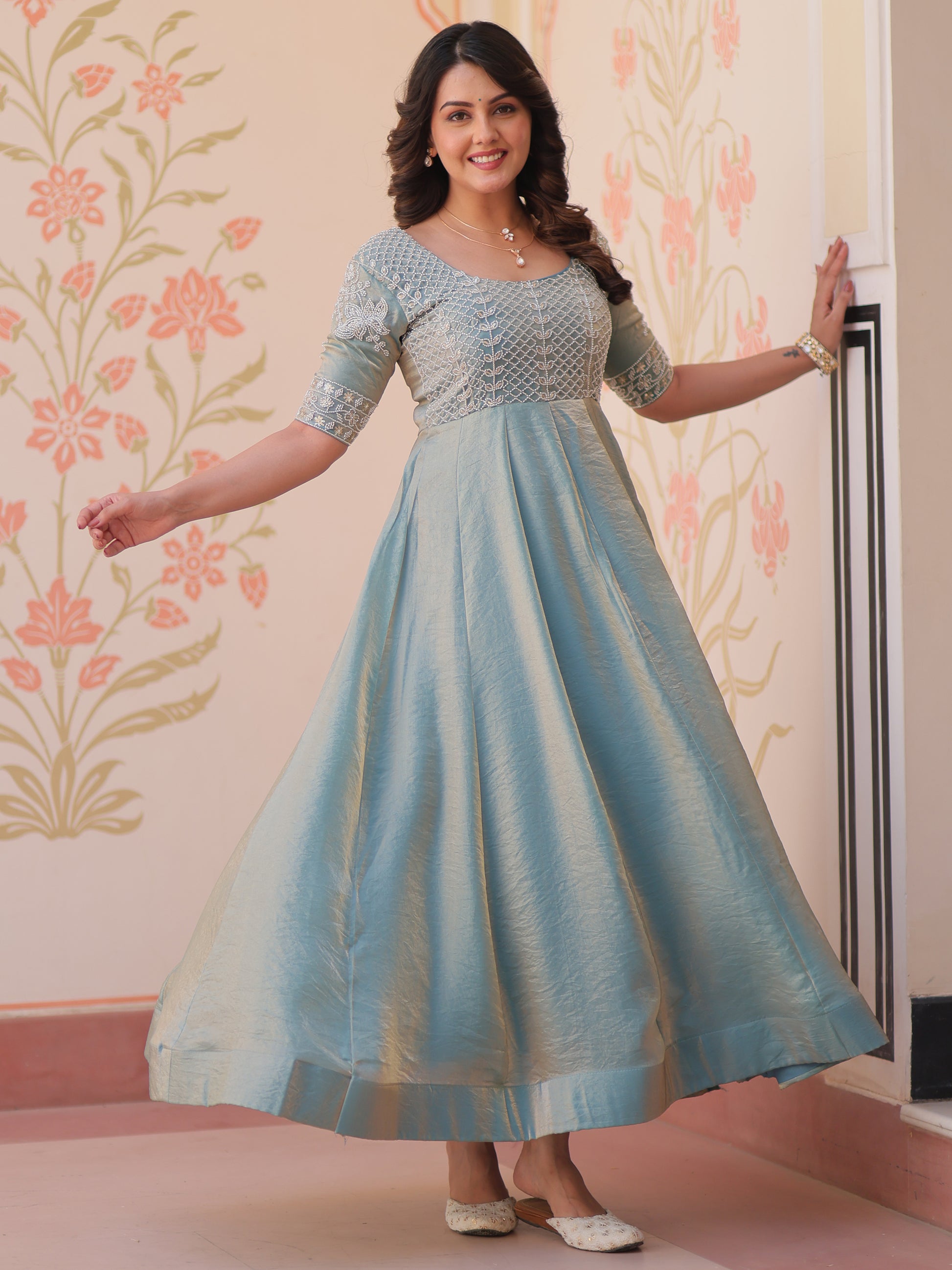 Lovable Sky-Blue Beads Work Organza Festival Wear Gown