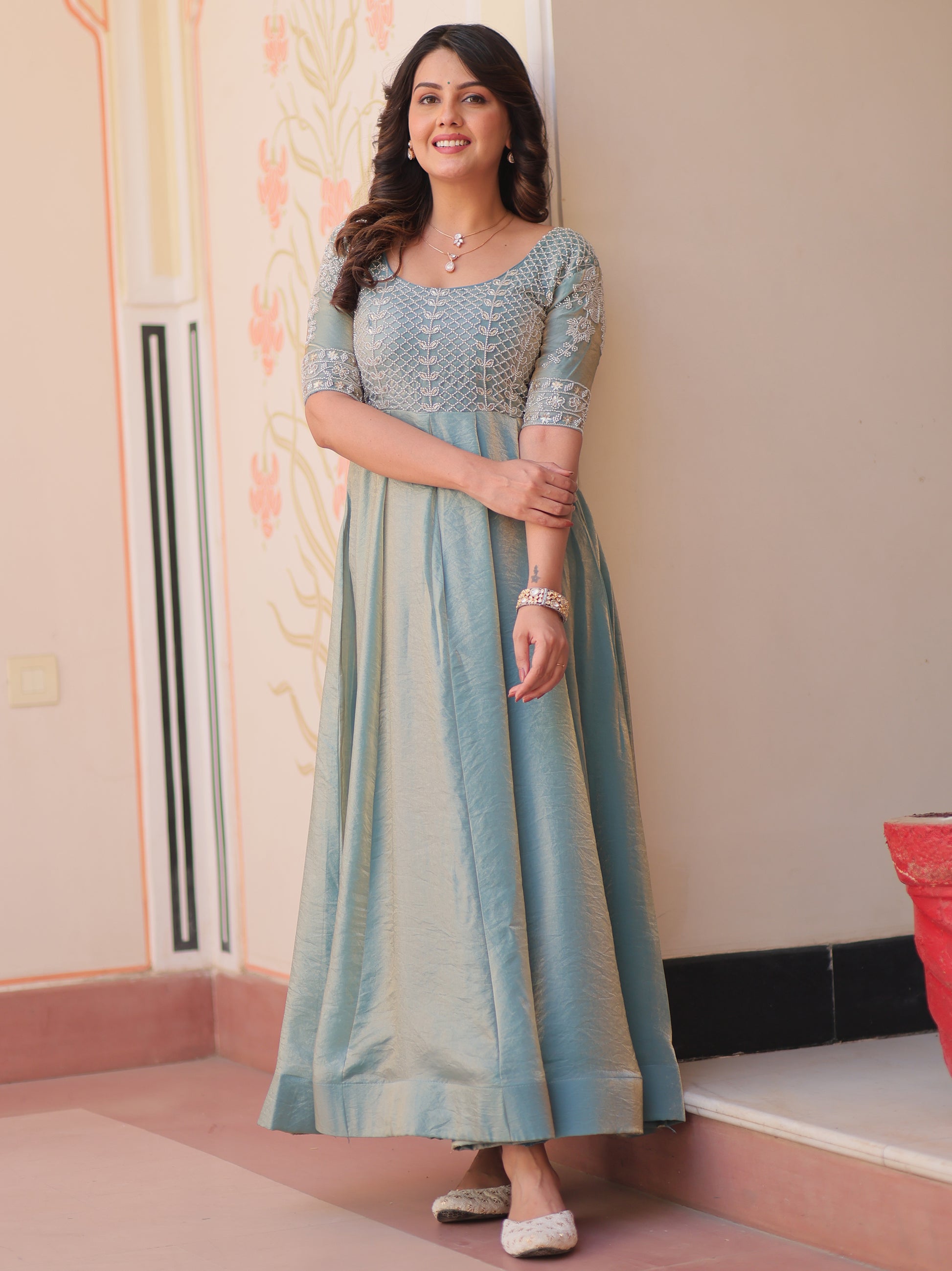 Lovable Sky-Blue Beads Work Organza Festival Wear Gown