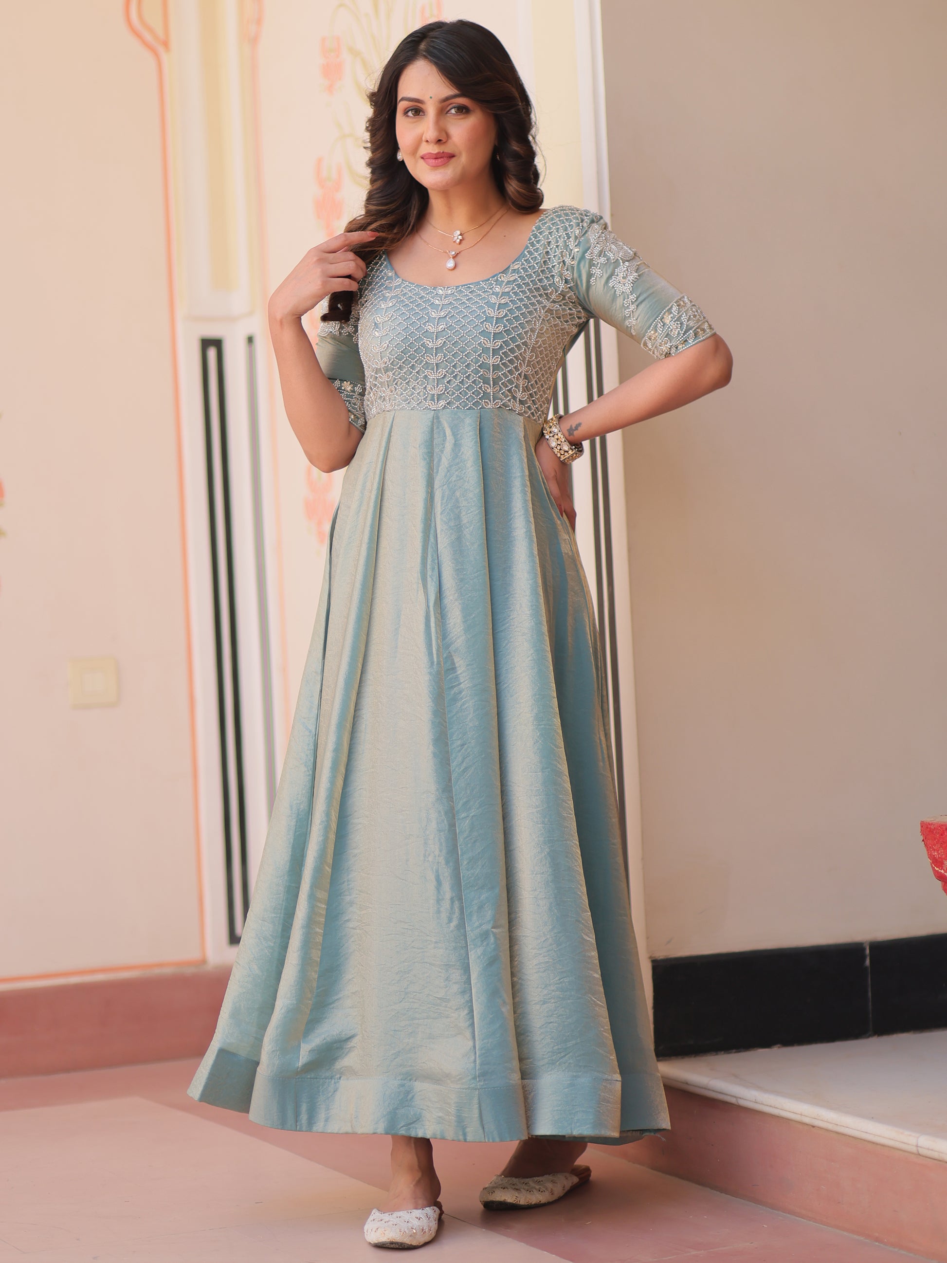 Lovable Sky-Blue Beads Work Organza Festival Wear Gown