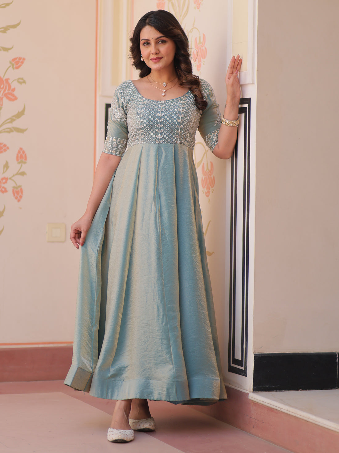 Lovable Sky-Blue Beads Work Organza Festival Wear Gown