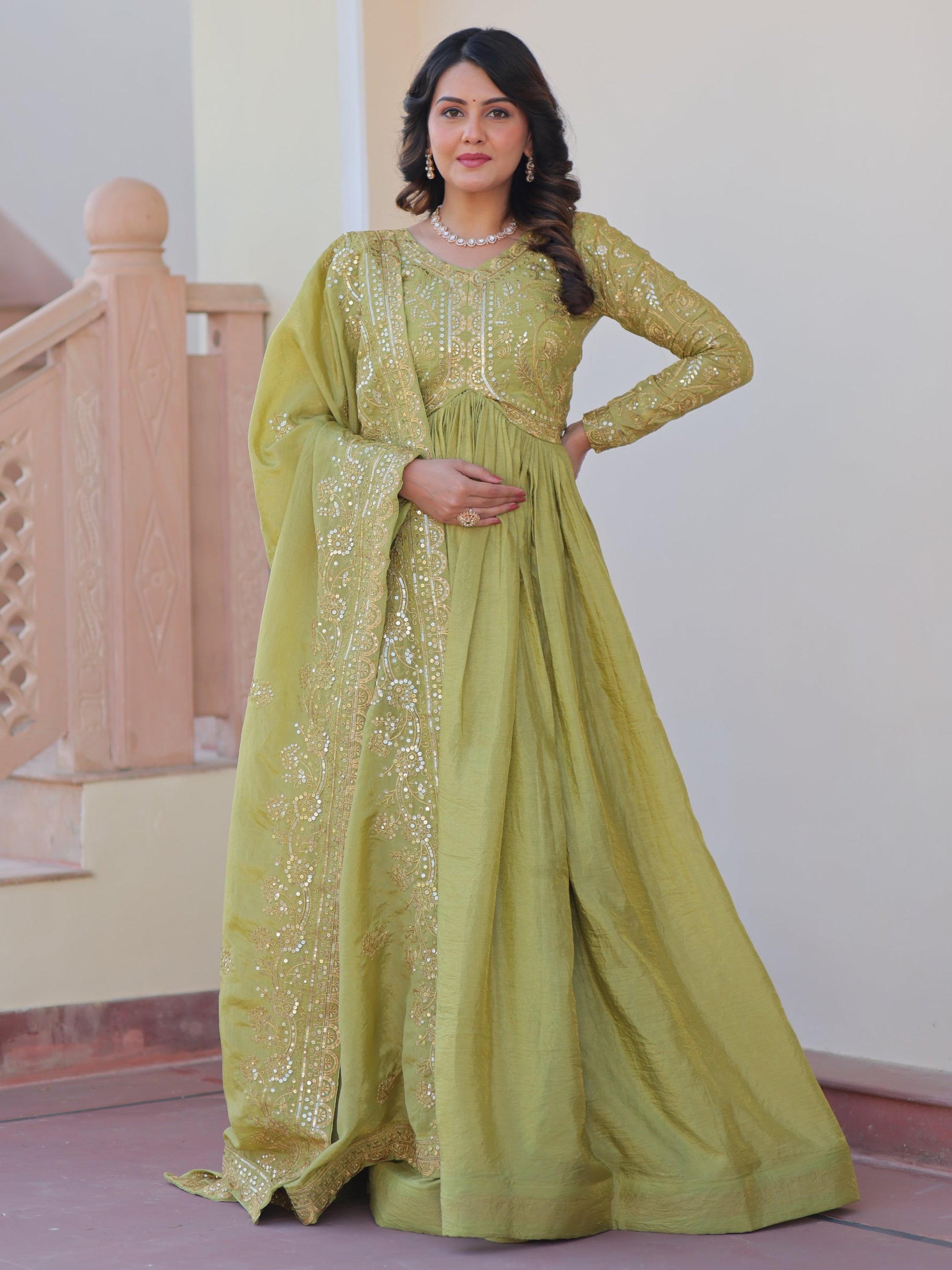 Great Olive Green Thread Work Organza Mehendi Wear Gown With Dupatta