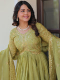 Great Olive Green Thread Work Organza Mehendi Wear Gown With Dupatta