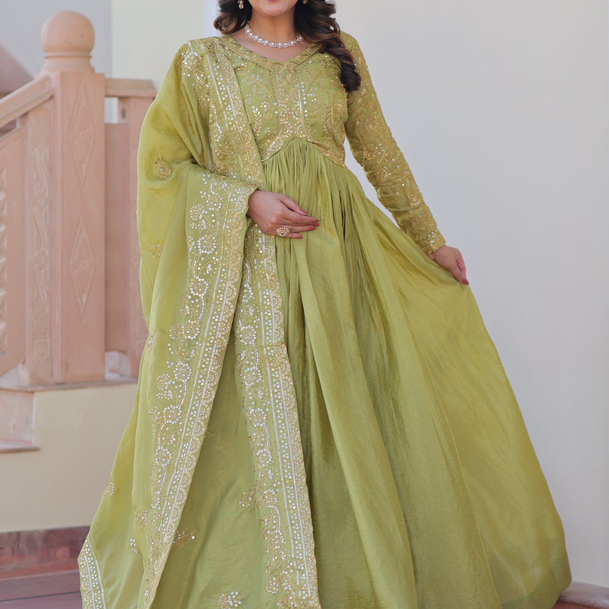 Great Olive Green Thread Work Organza Mehendi Wear Gown With Dupatta