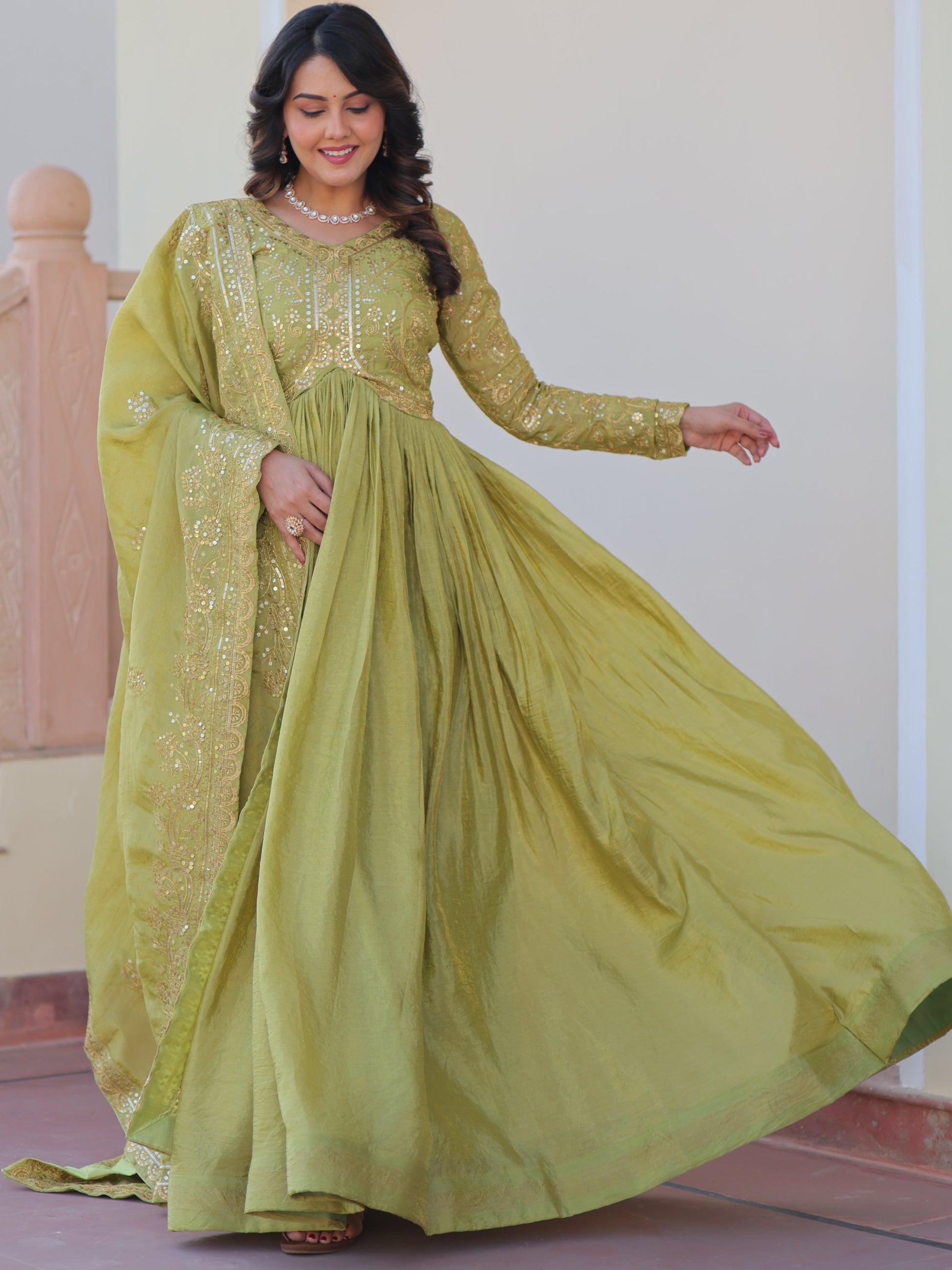 Great Olive Green Thread Work Organza Mehendi Wear Gown With Dupatta