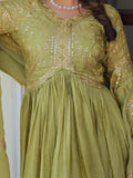 Great Olive Green Thread Work Organza Mehendi Wear Gown With Dupatta