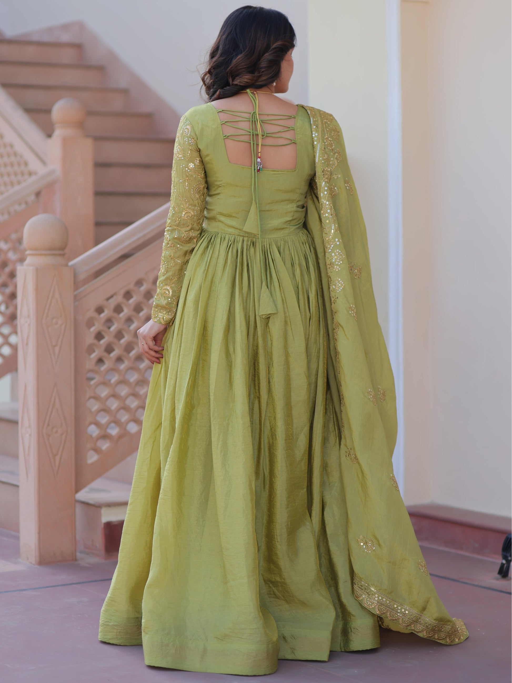 Great Olive Green Thread Work Organza Mehendi Wear Gown With Dupatta