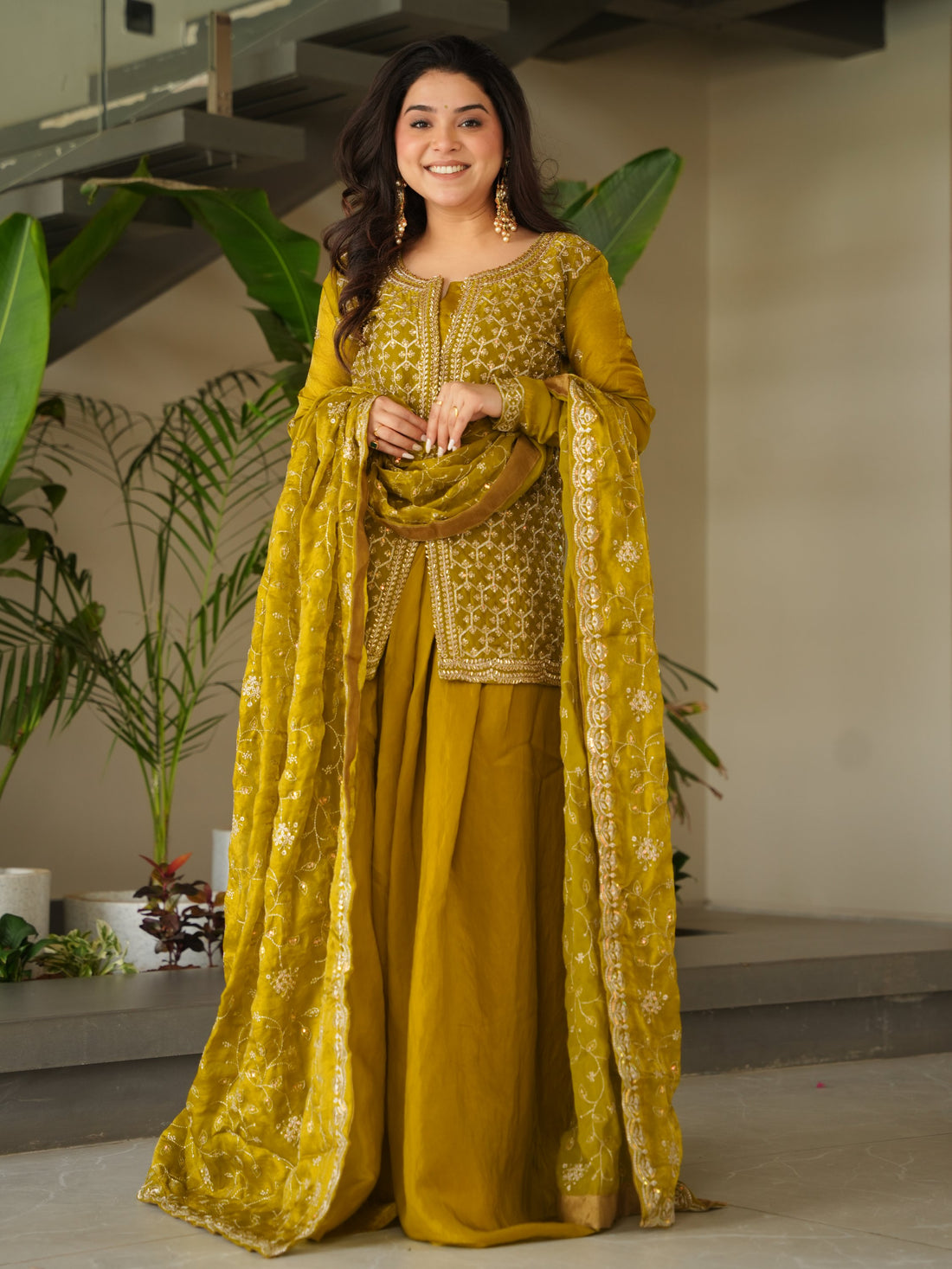 Lovable Mehendi Green Bead Embroidery Silk Function Wear Sharara Suit