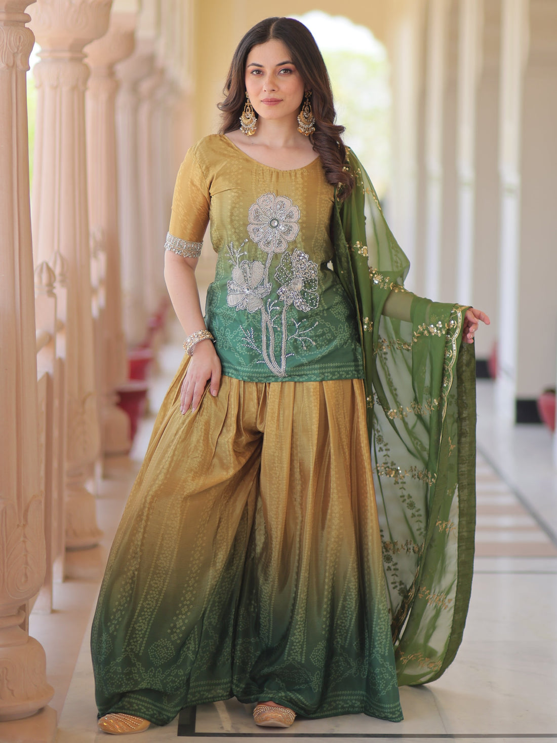 Beautiful Green Bead Embroidered Chinon Designer Sharara Suit With Dupatta