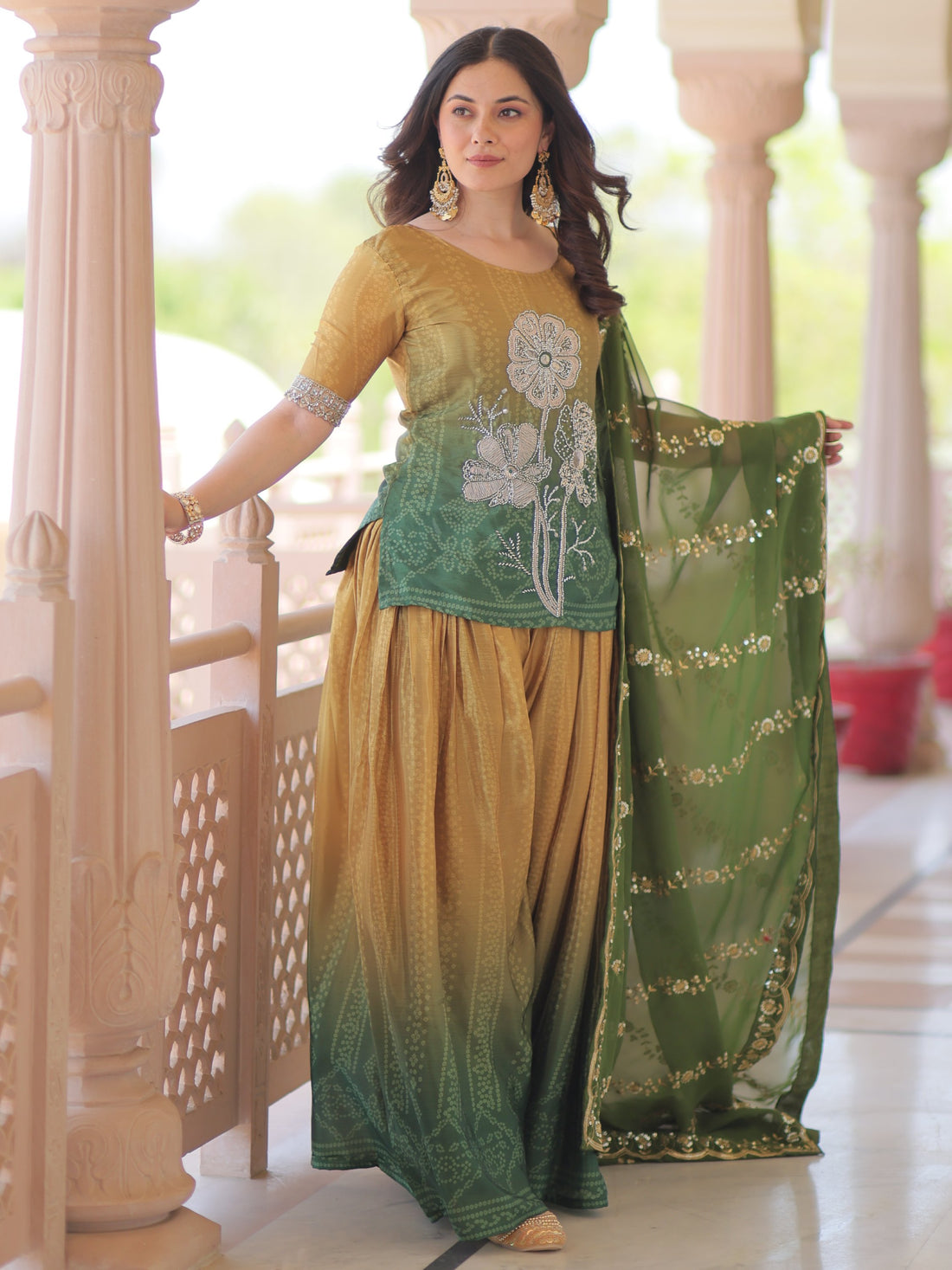 Beautiful Green Bead Embroidered Chinon Designer Sharara Suit With Dupatta