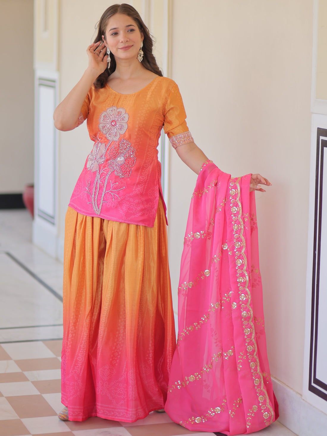 Magnetic Pink Bead Embroidered Chinon Event Wear Sharara Suit With Dupatta