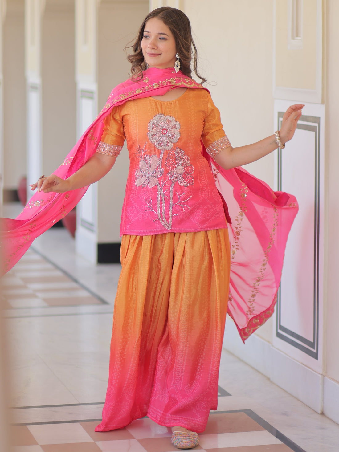 Magnetic Pink Bead Embroidered Chinon Event Wear Sharara Suit With Dupatta