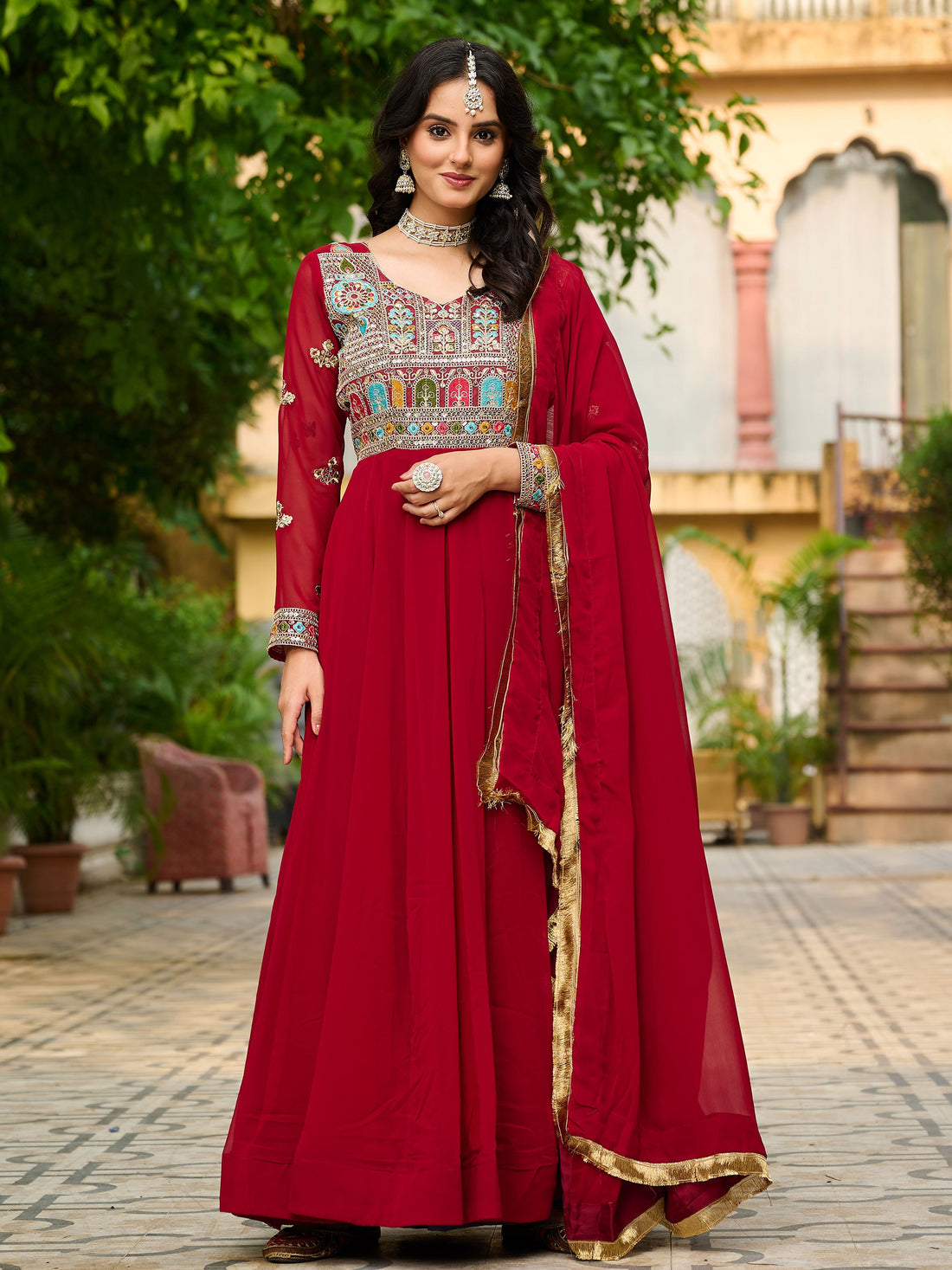 Incredible Red Thread Embroidered Georgette Wedding Wear Gown With Dupatta