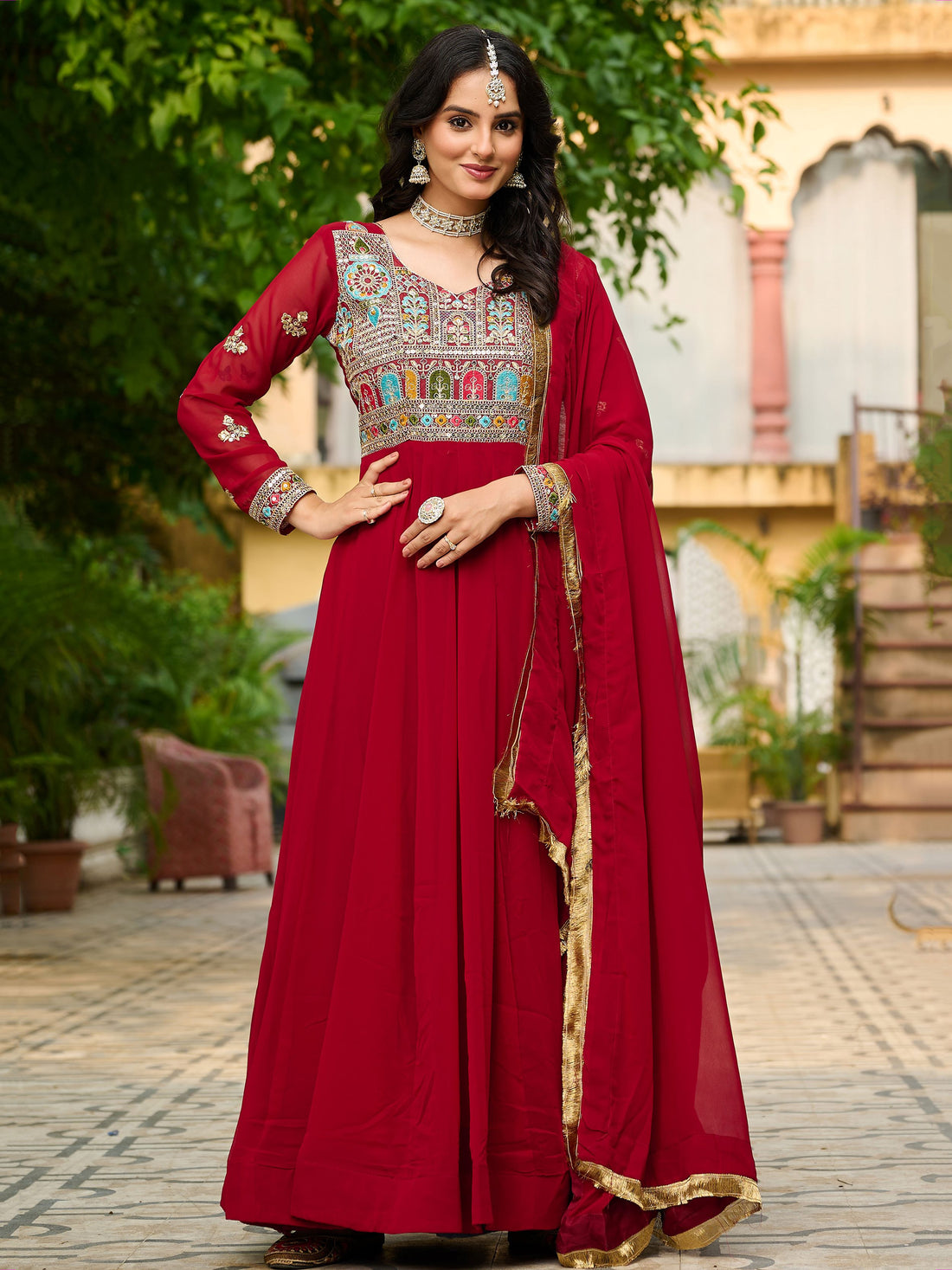 Incredible Red Thread Embroidered Georgette Wedding Wear Gown With Dupatta