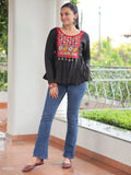 Mesmerizing Black Kutchi Work Silk Navratri Wear Kediya Style Top