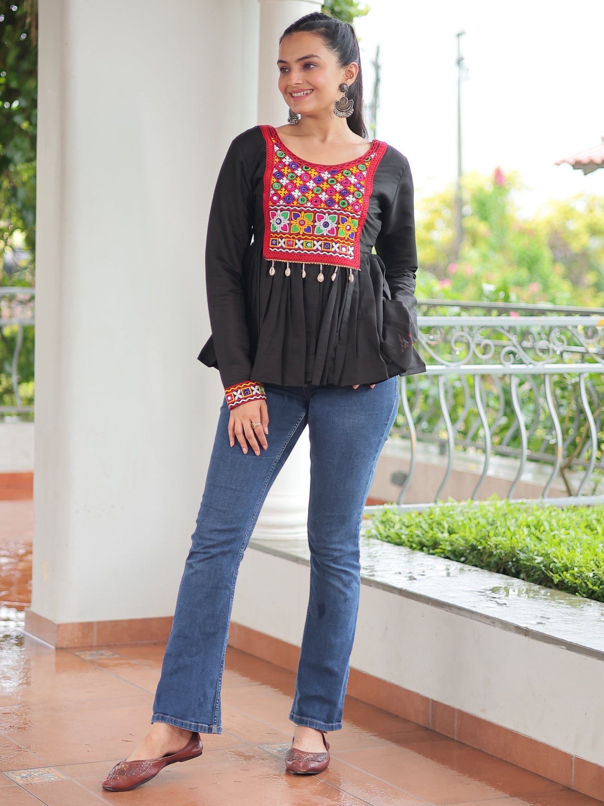Mesmerizing Black Kutchi Work Silk Navratri Wear Kediya Style Top
