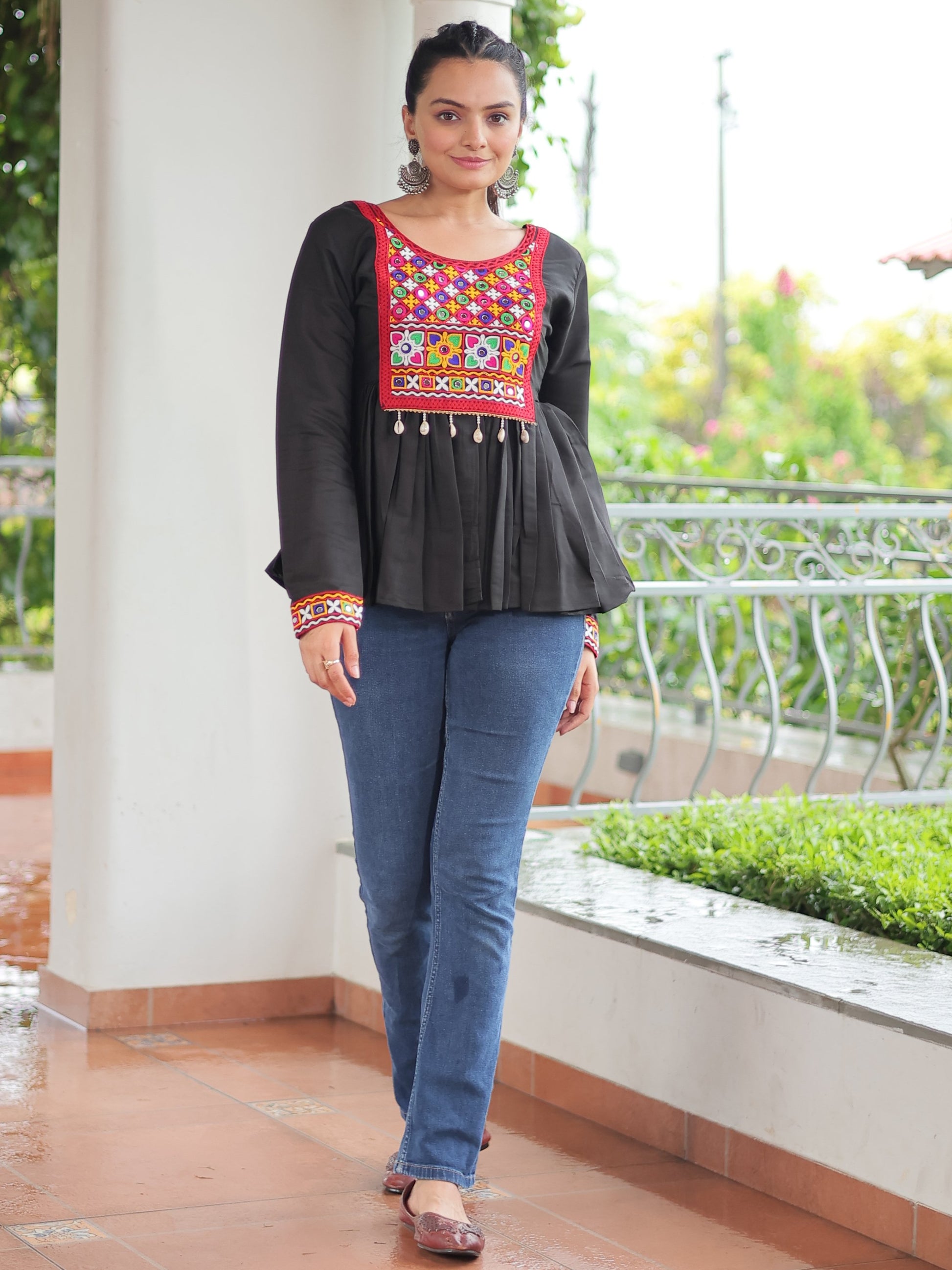 Mesmerizing Black Kutchi Work Silk Navratri Wear Kediya Style Top