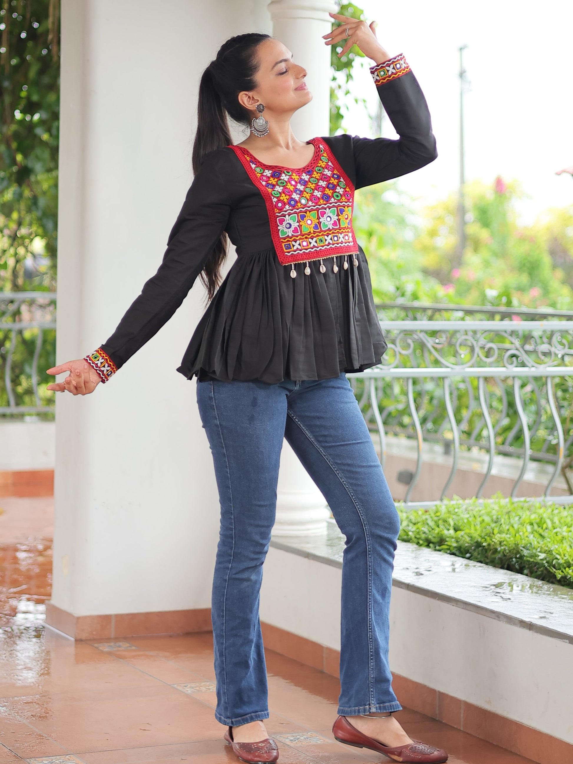 Mesmerizing Black Kutchi Work Silk Navratri Wear Kediya Style Top