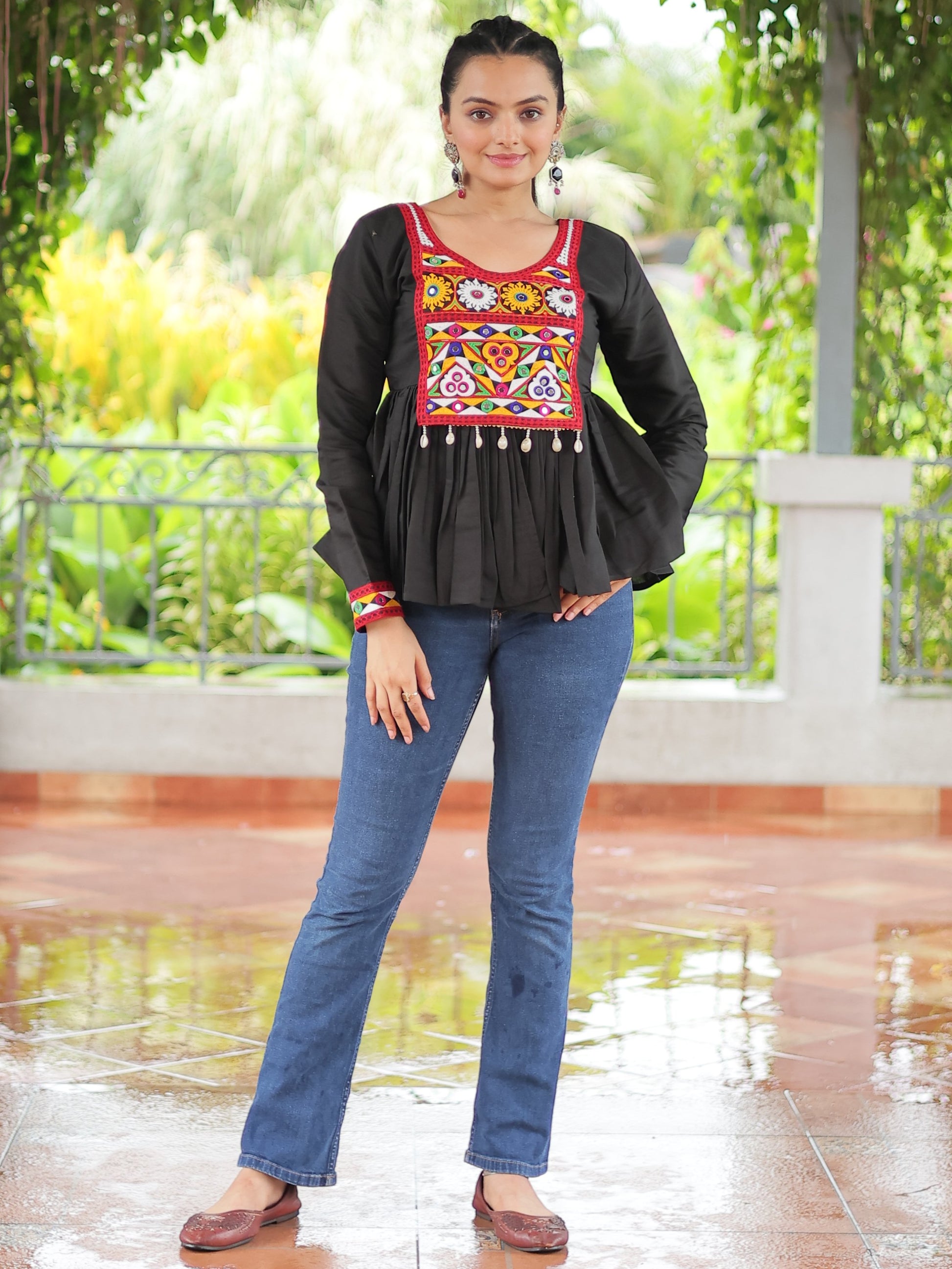Pretty Black Gamthi Work Silk Navratri Special Kediya Style Top