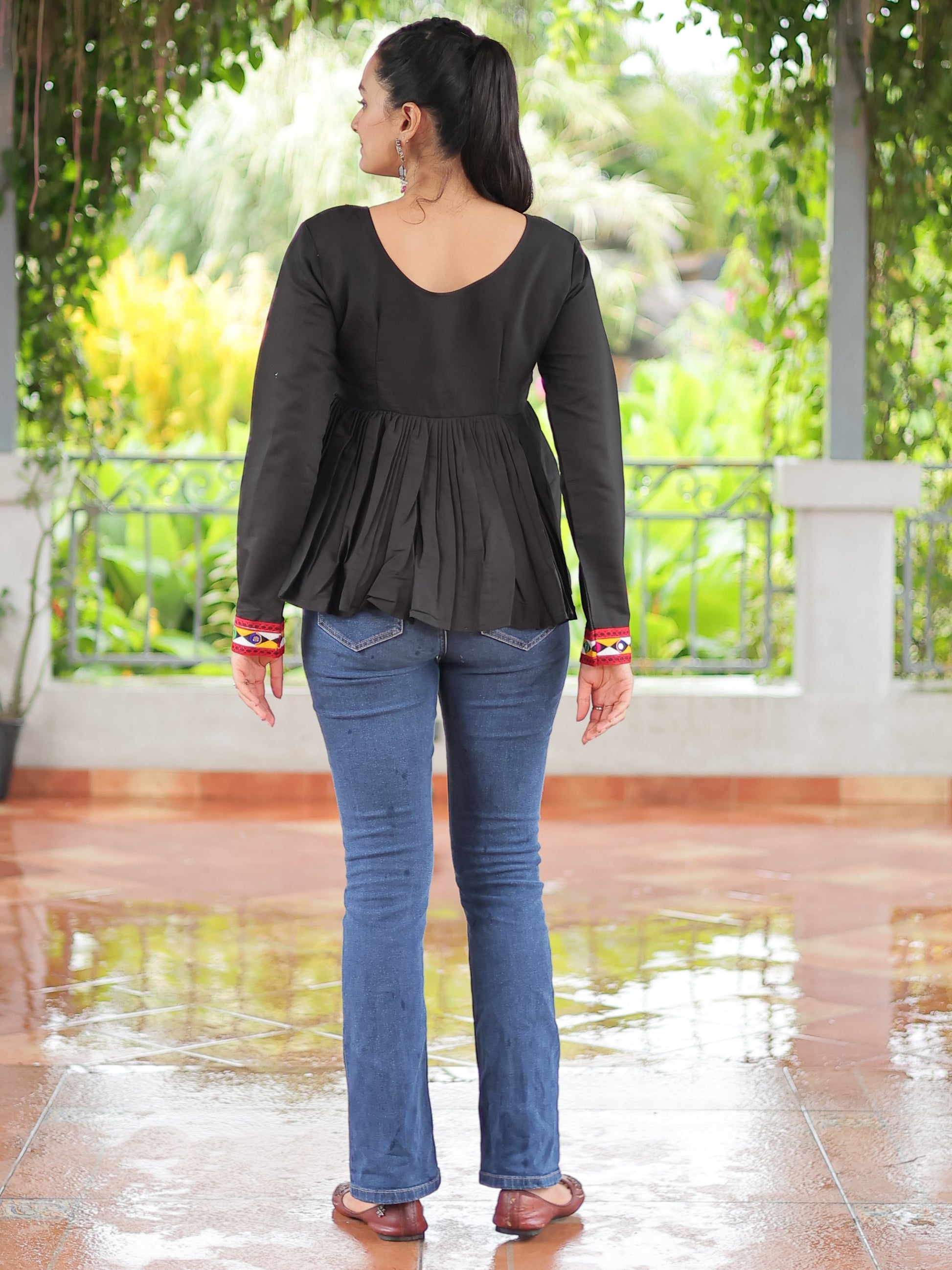 Pretty Black Gamthi Work Silk Navratri Special Kediya Style Top