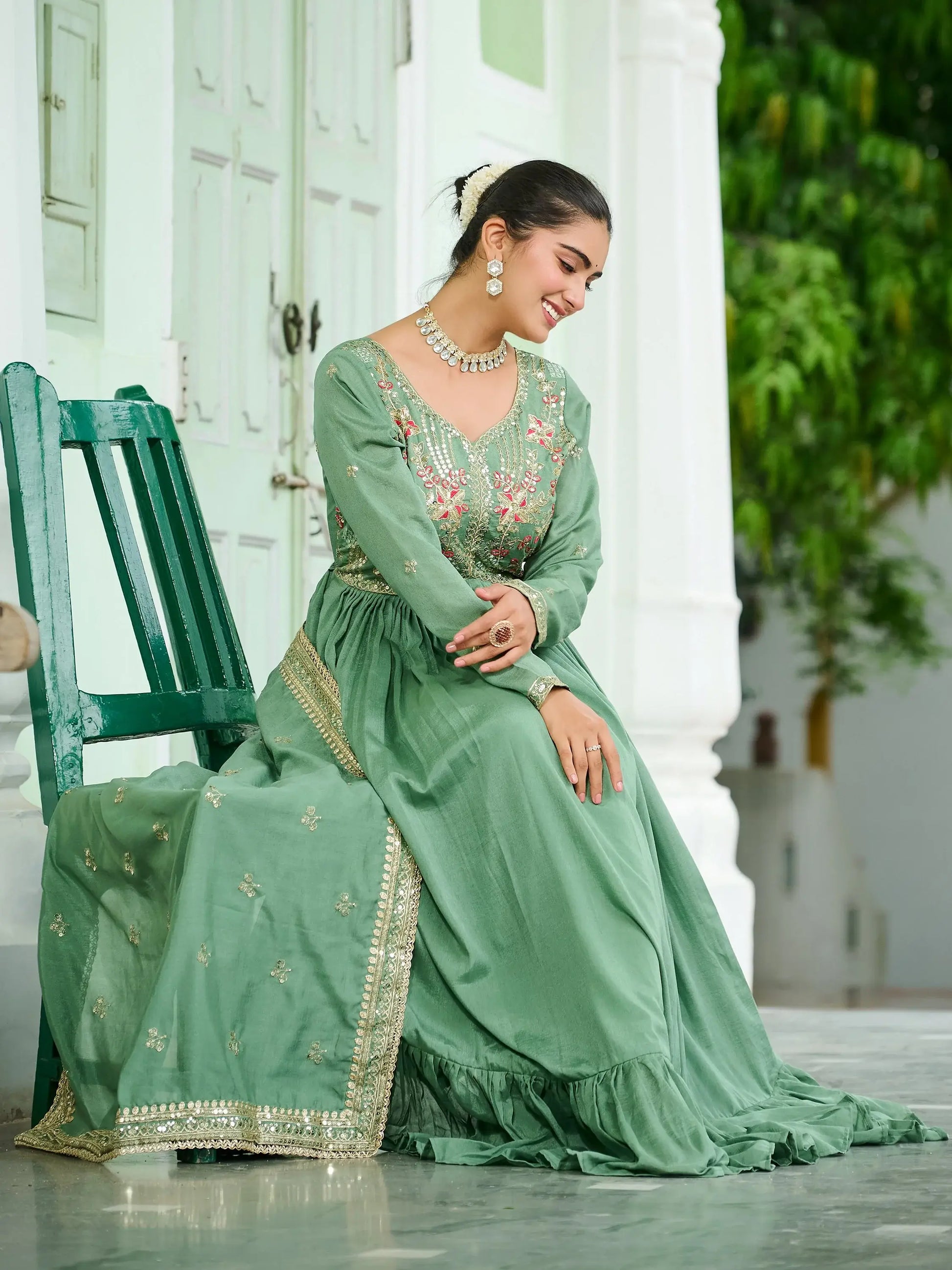 Sensational Pista Green Sequins Silk Mehendi Wear Gown With Dupatta