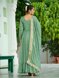 Sensational Pista Green Sequins Silk Mehendi Wear Gown With Dupatta