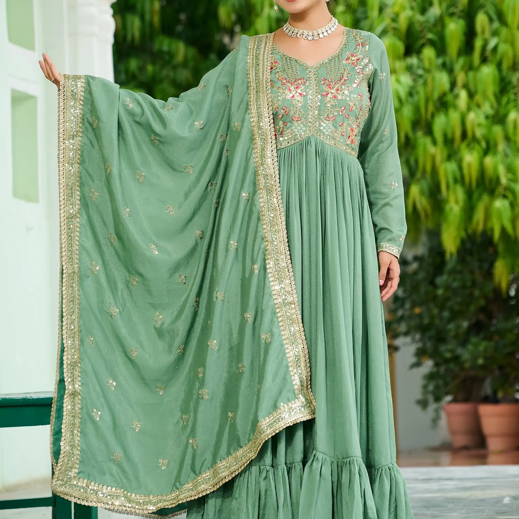 Sensational Pista Green Sequins Silk Mehendi Wear Gown With Dupatta