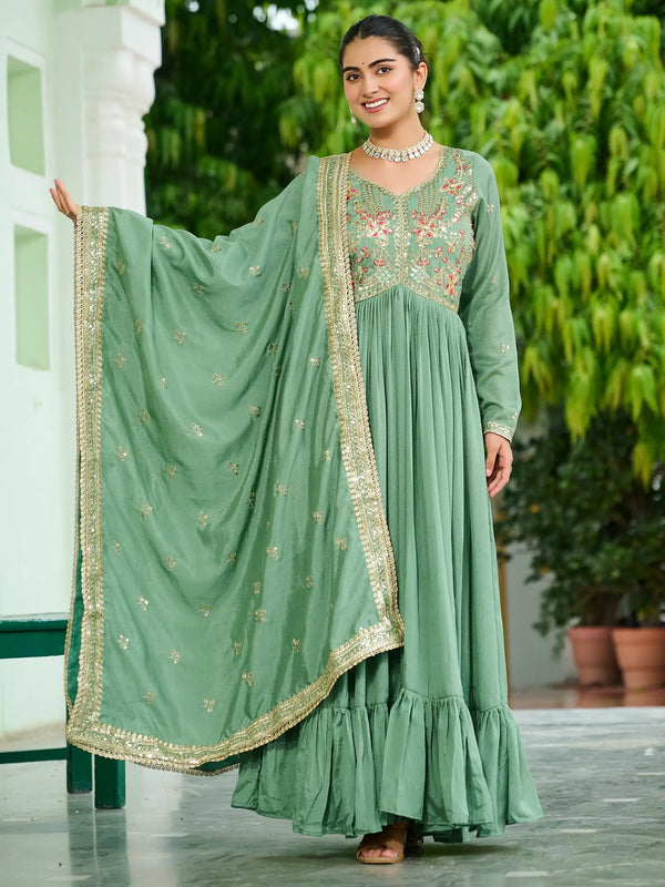 Sensational Pista Green Sequins Silk Mehendi Wear Gown With Dupatta