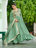 Sensational Pista Green Sequins Silk Mehendi Wear Gown With Dupatta