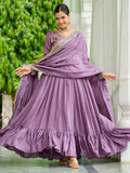 Super Mauve Thread Embroidered Silk Wedding Wear Gown With Dupatta