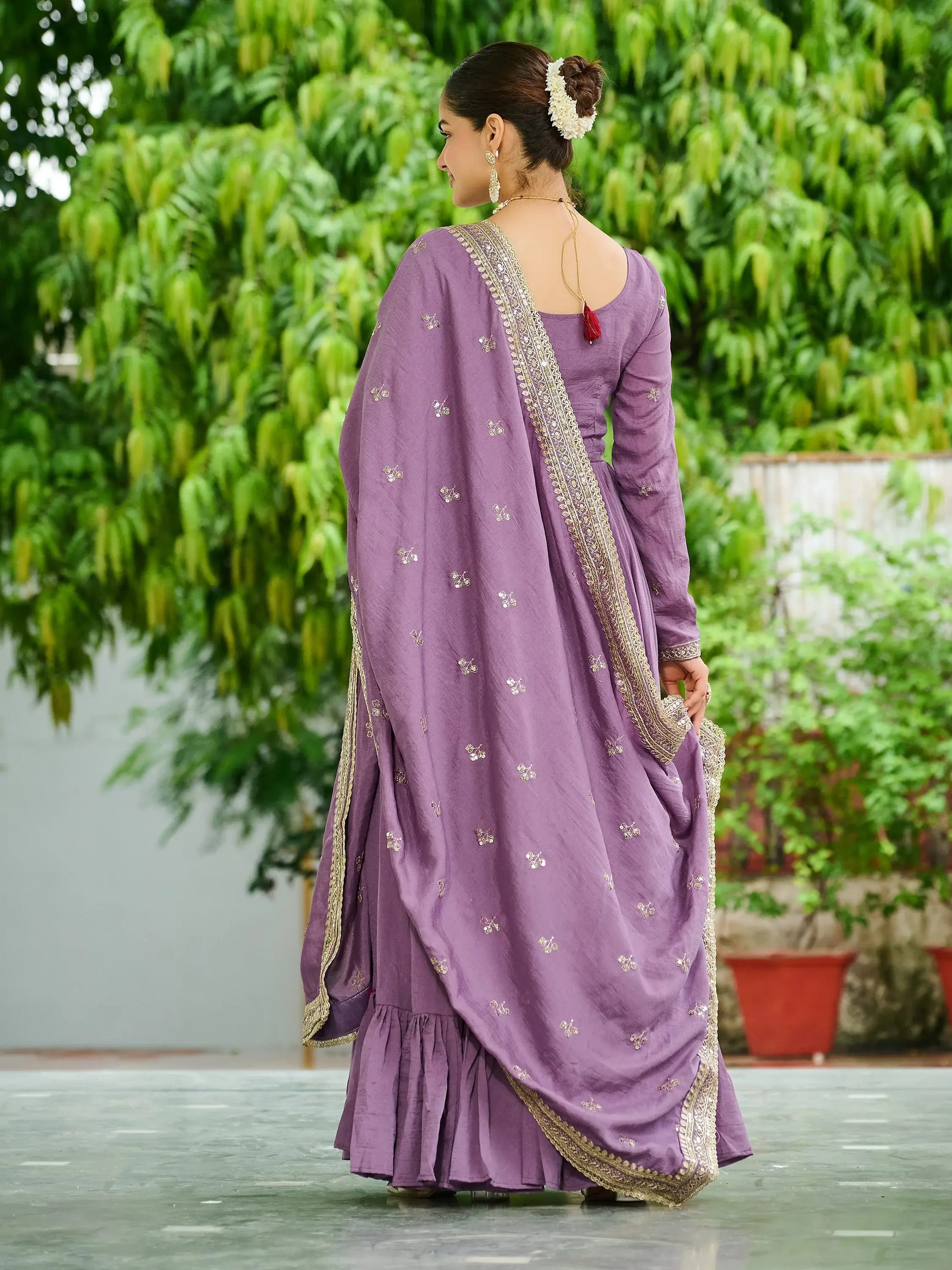 Super Mauve Thread Embroidered Silk Wedding Wear Gown With Dupatta