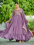 Super Mauve Thread Embroidered Silk Wedding Wear Gown With Dupatta