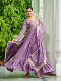 Super Mauve Thread Embroidered Silk Wedding Wear Gown With Dupatta