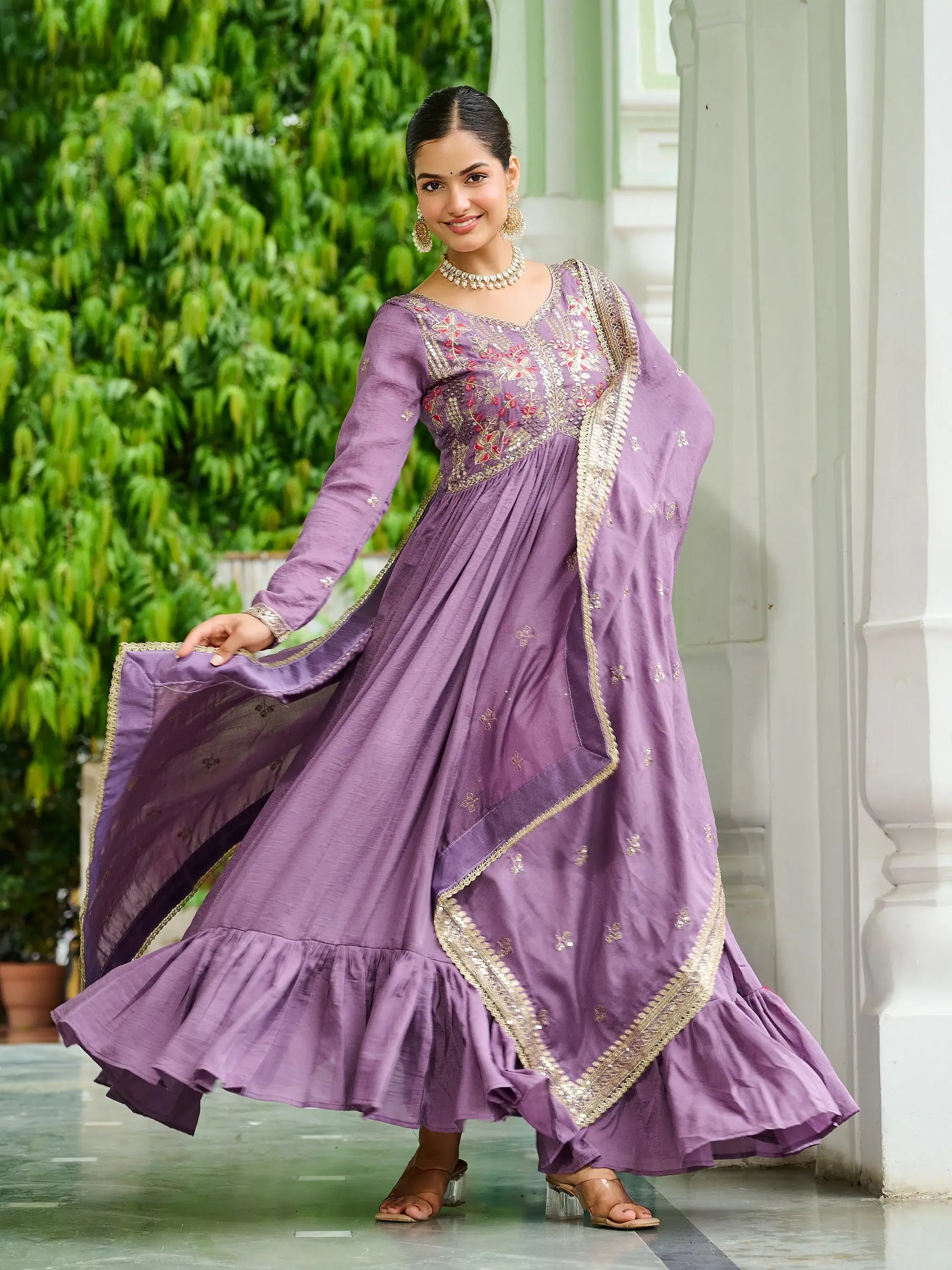 Super Mauve Thread Embroidered Silk Wedding Wear Gown With Dupatta
