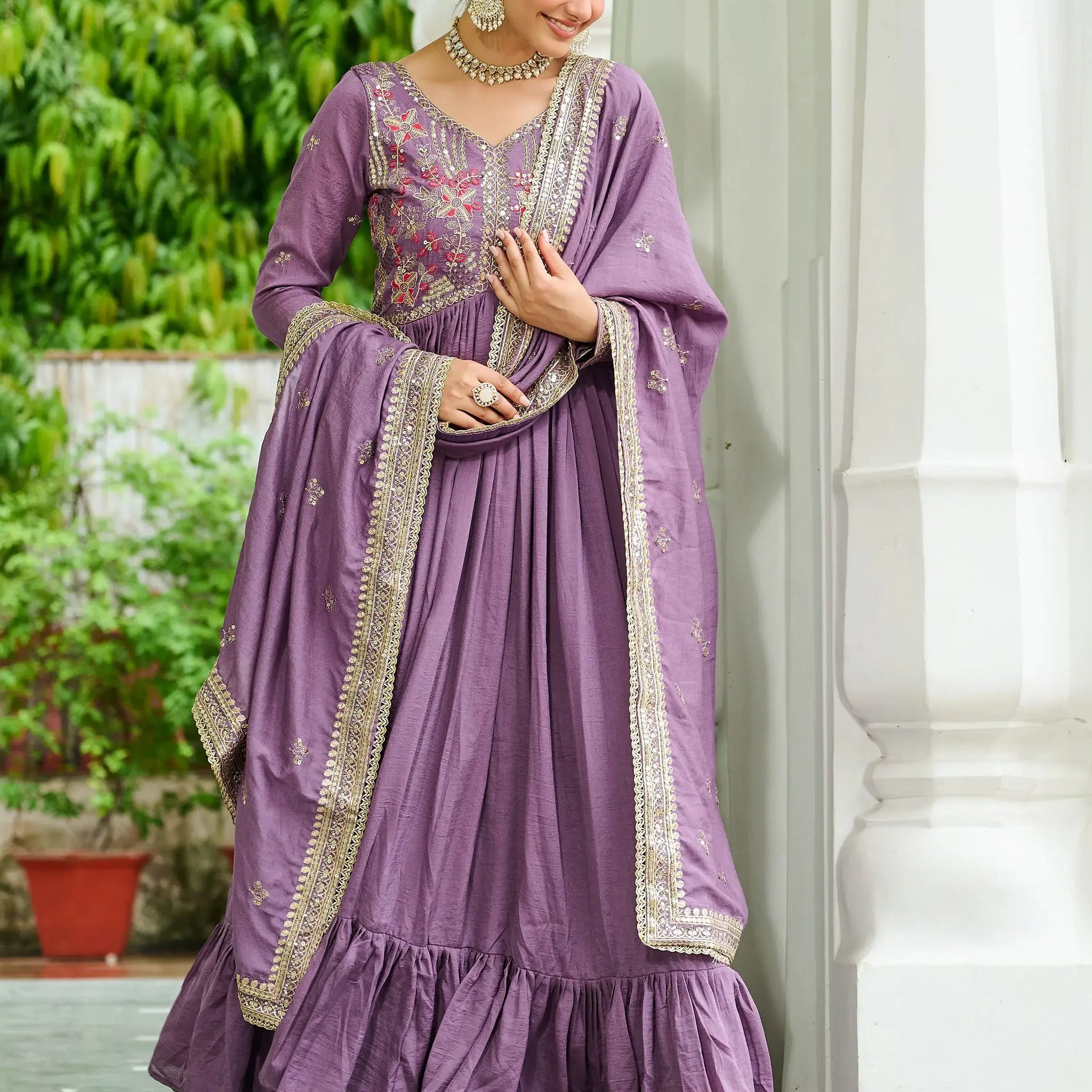 Super Mauve Thread Embroidered Silk Wedding Wear Gown With Dupatta