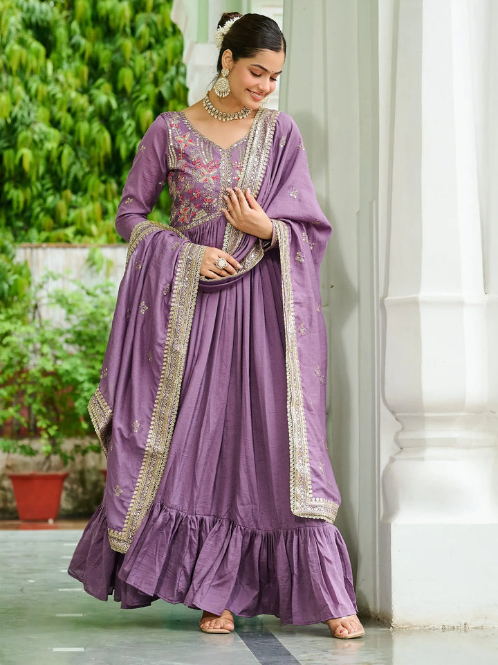 Super Mauve Thread Embroidered Silk Wedding Wear Gown With Dupatta