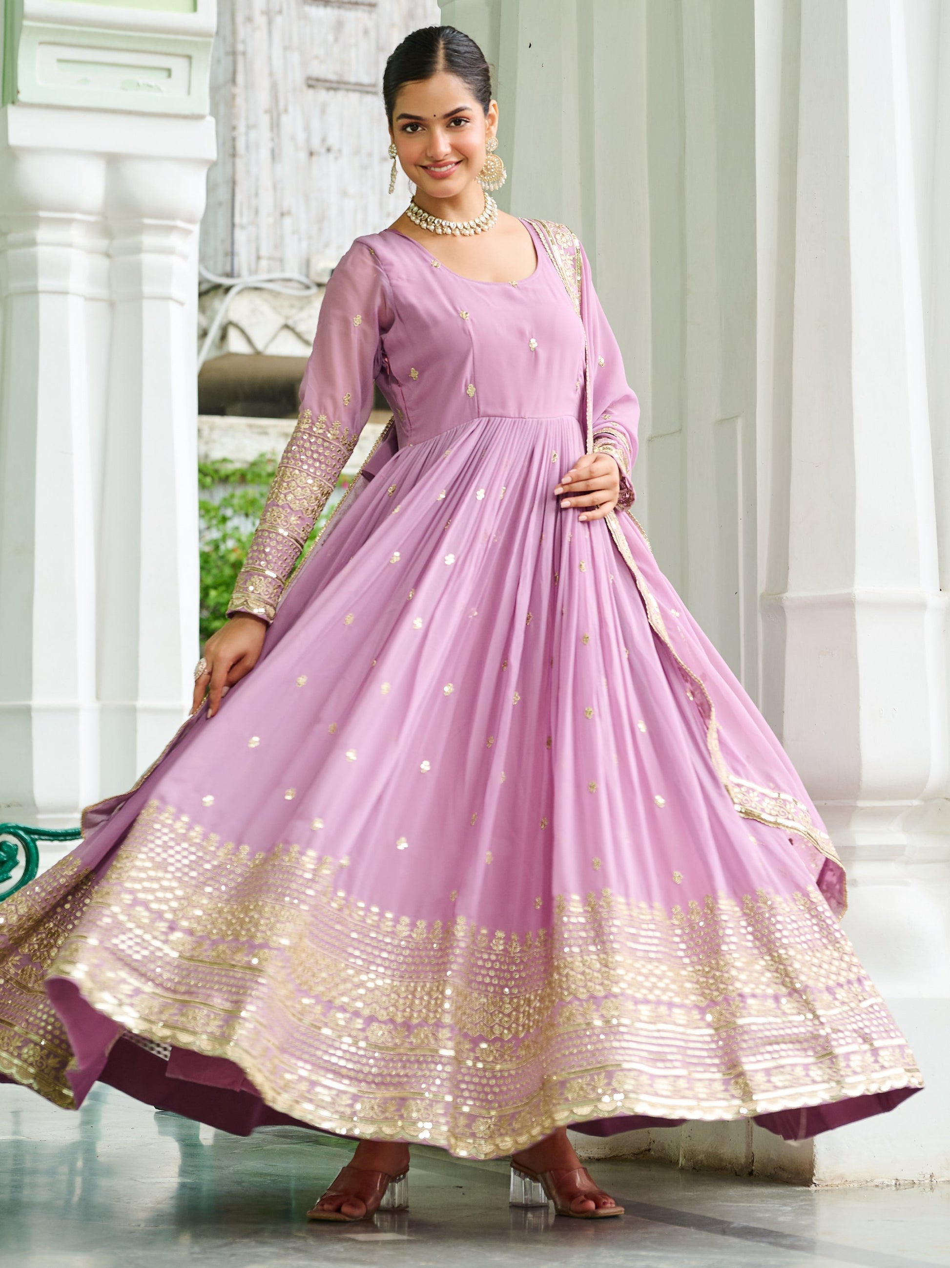 Majestic Baby Pink Sequins Georgette Event Wear Gown With Dupatta