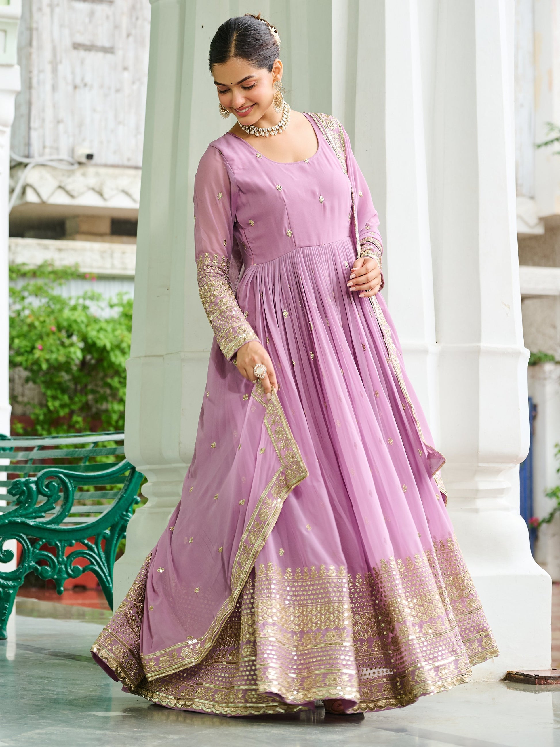 Majestic Baby Pink Sequins Georgette Event Wear Gown With Dupatta